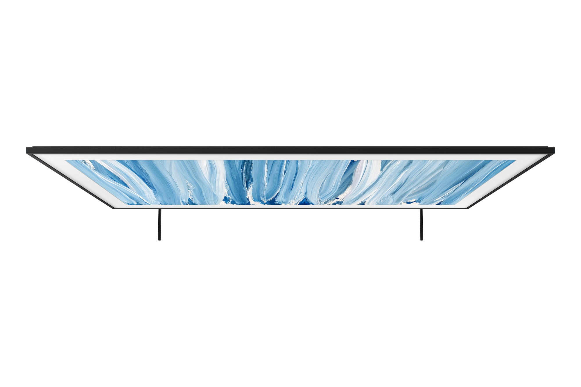 Un televisor negro que muestra una pintura azul abstracta en su pantalla.