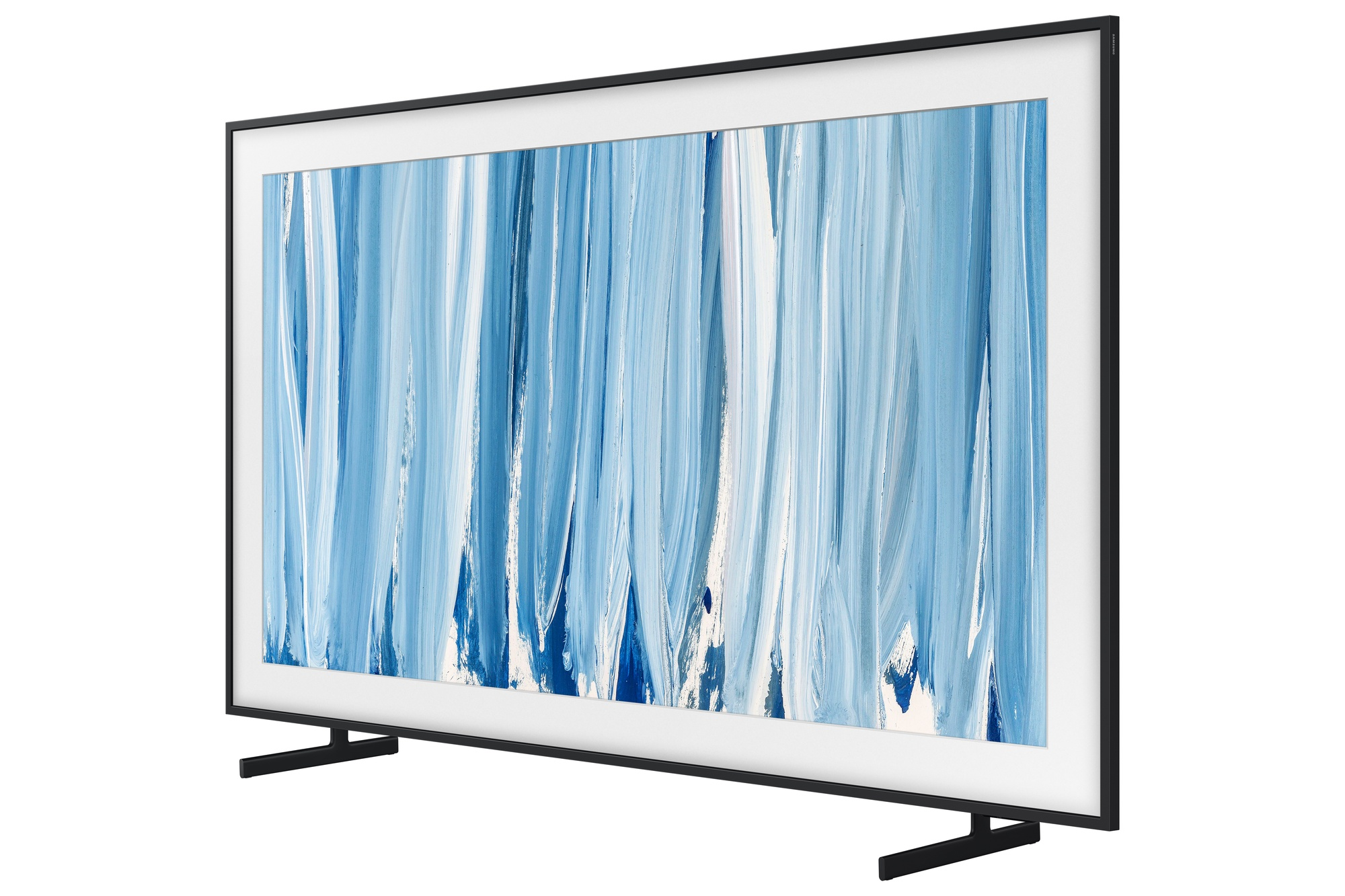 Un televisor moderno con marco negro muestra pinceladas verticales abstractas en azul y blanco.