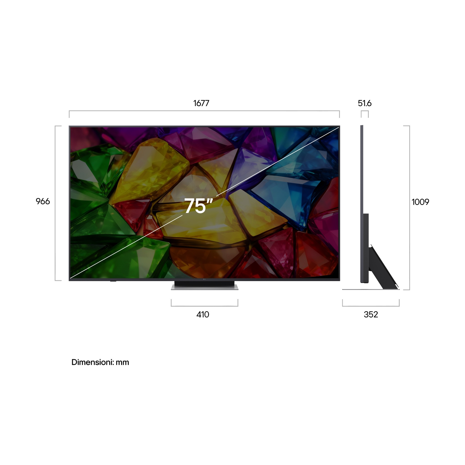 TV da 75 pollici che mostra gemme colorate con dimensioni.