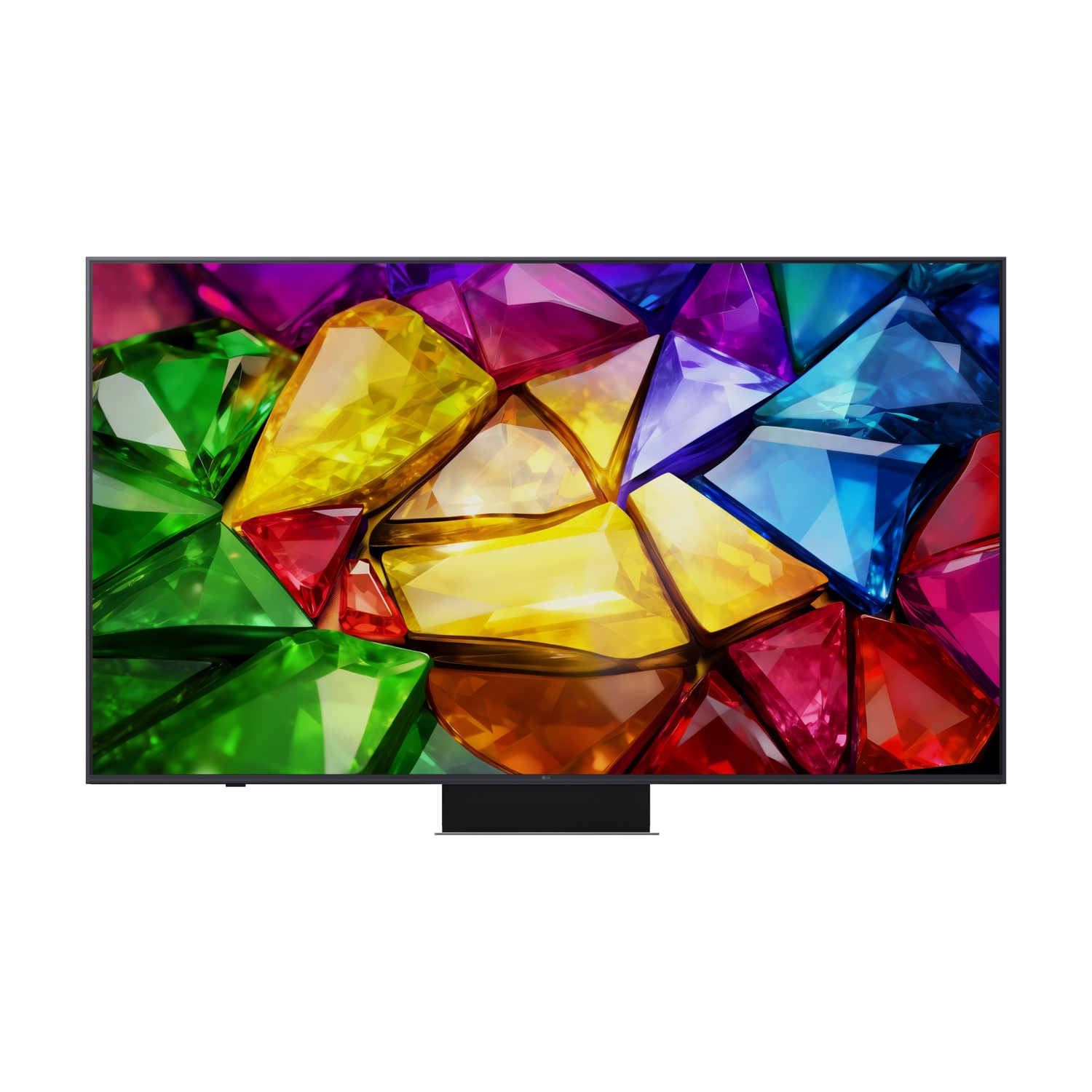 Una TV moderna mostra un vibrante mosaico di gemme colorate e sfaccettate.