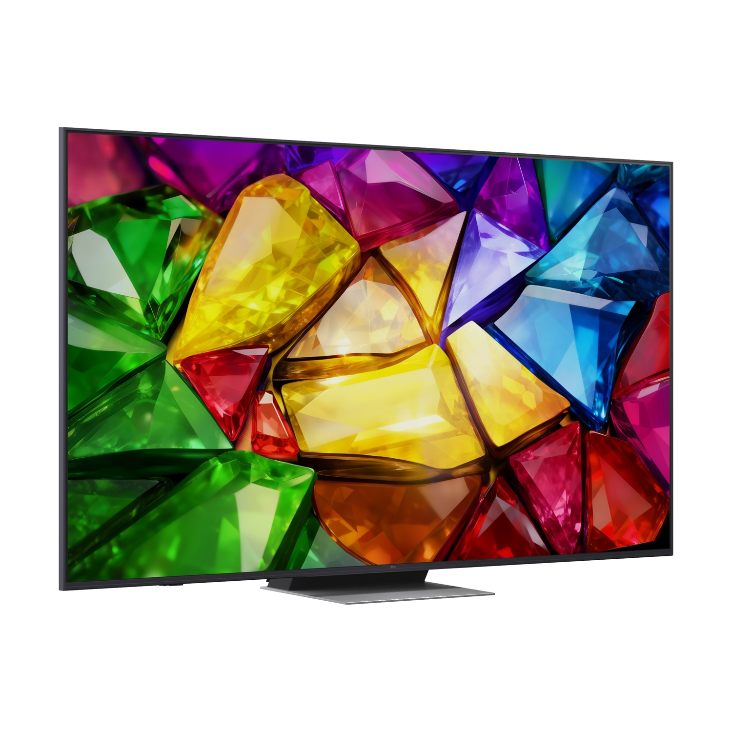 Una TV moderna mostra un vibrante motivo astratto di gioielli sfaccettati e colorati.