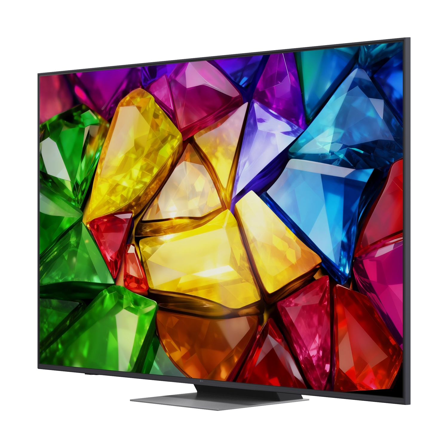 Un televisore moderno che mostra gemme vibranti e sfaccettate su un semplice supporto.
