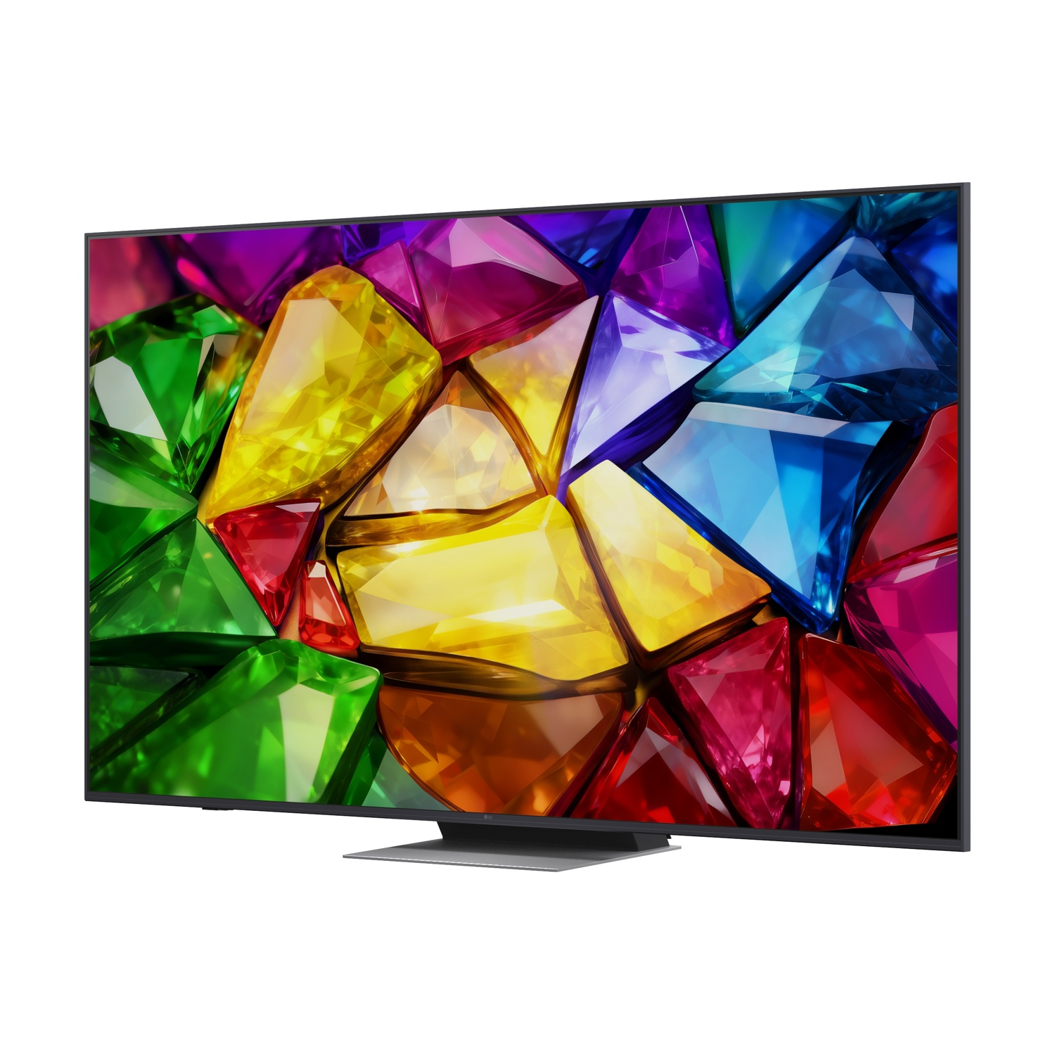 Una TV moderna con un'immagine vibrante di gemme sfaccettate in vari colori.