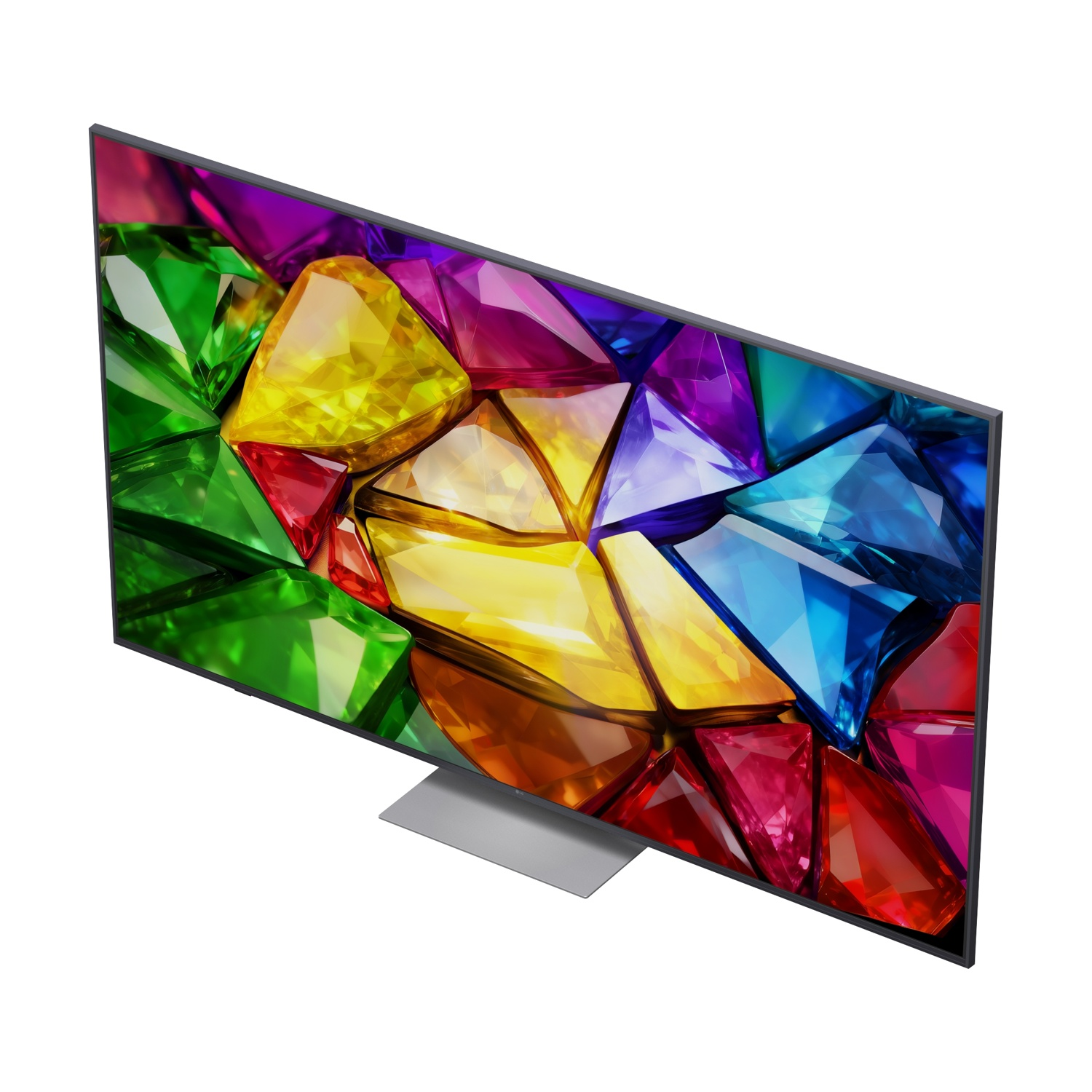 Un televisore moderno con un motivo di gemme colorate, posto su un supporto grigio.