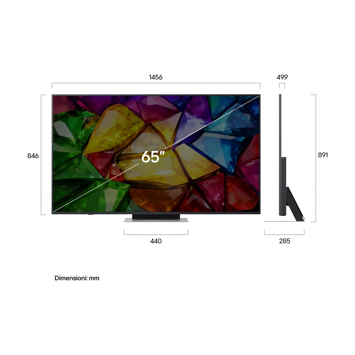 Uno schermo TV da 65 pollici con gemme colorate, con dimensioni.