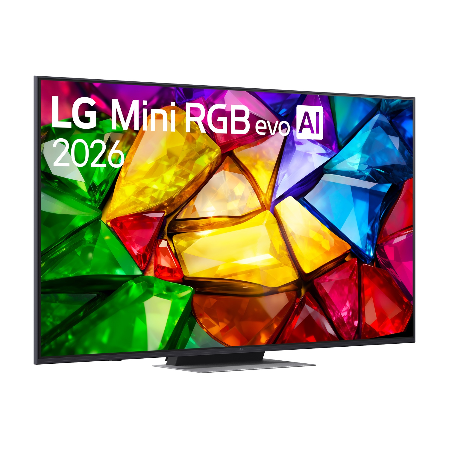 Una TV LG OLED con la scritta "LG Mini RGB evo AI 2026" sullo schermo.