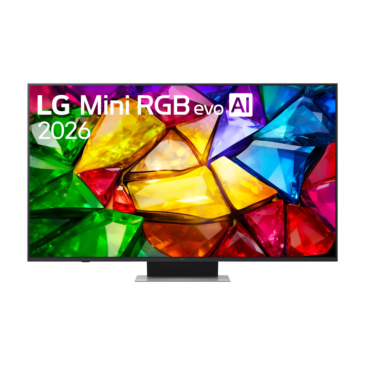 Una TV LG Mini LED con gemme colorate e il testo "LG Mini RGB evo AI 2026".