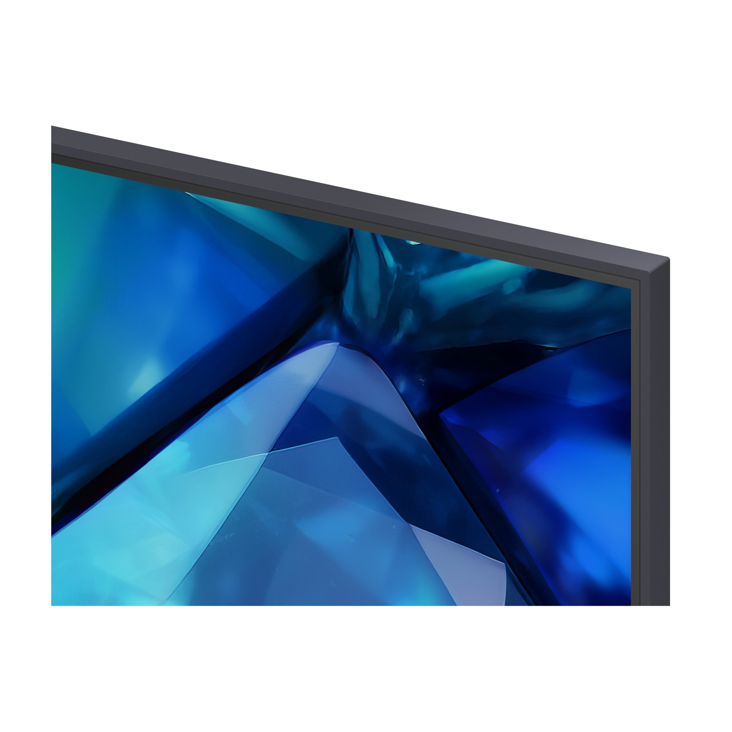 Una cornice scura circonda uno schermo con un motivo geometrico blu astratto.