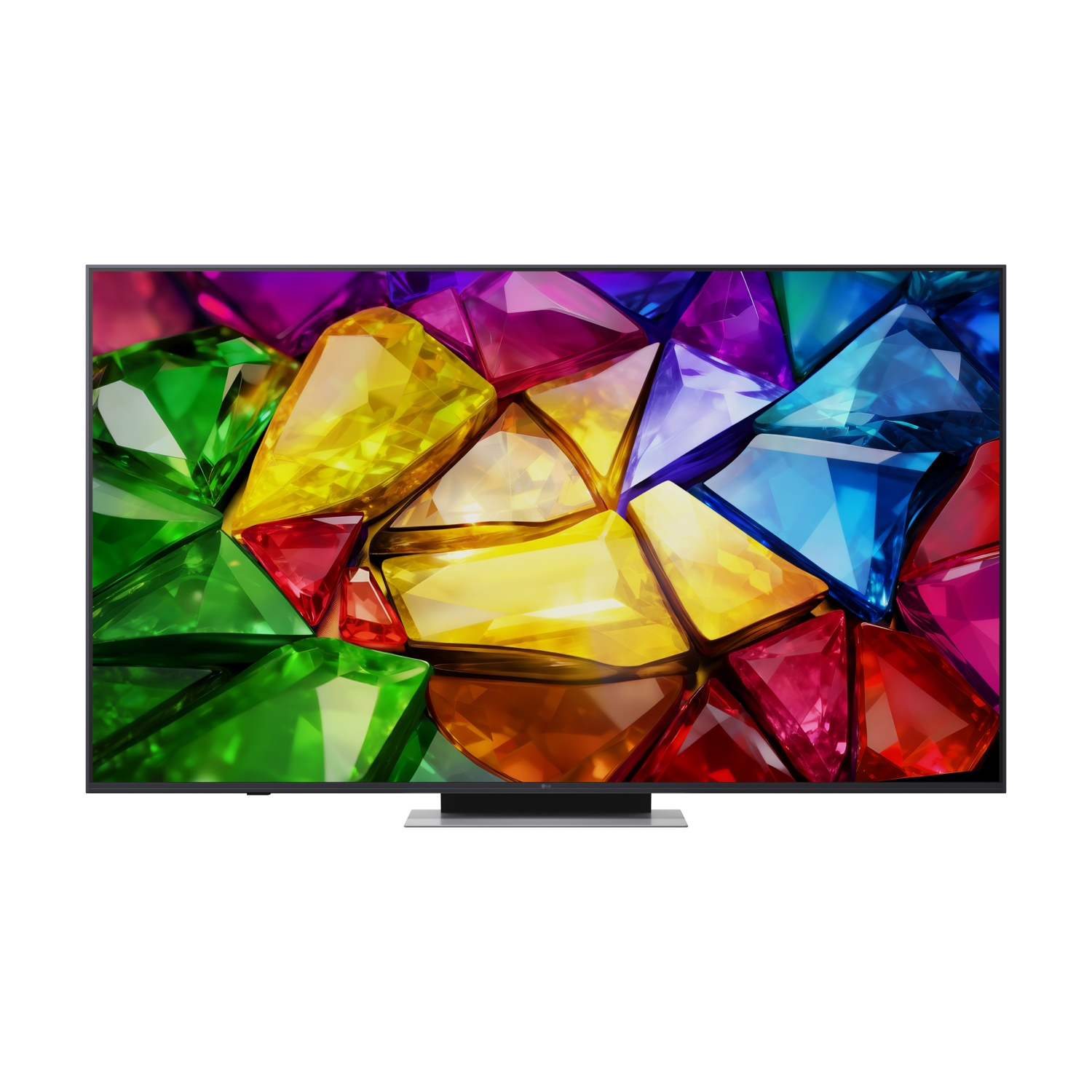 Un televisore moderno che visualizza un motivo di gemme colorate sullo schermo.