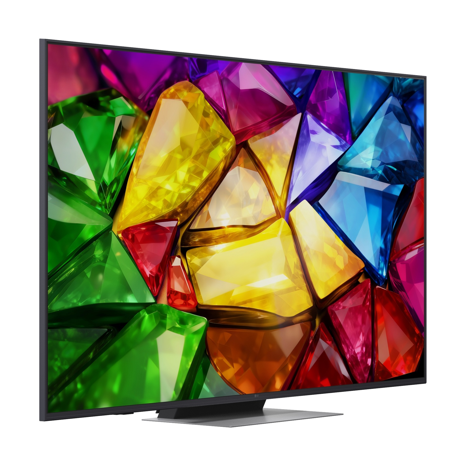 Una TV moderna mostra un motivo di gioielli colorati con gemme verdi, gialle e blu.