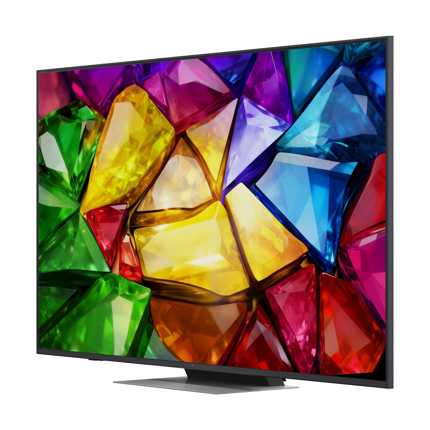 Una TV moderna con un motivo di gemme colorate sullo schermo.