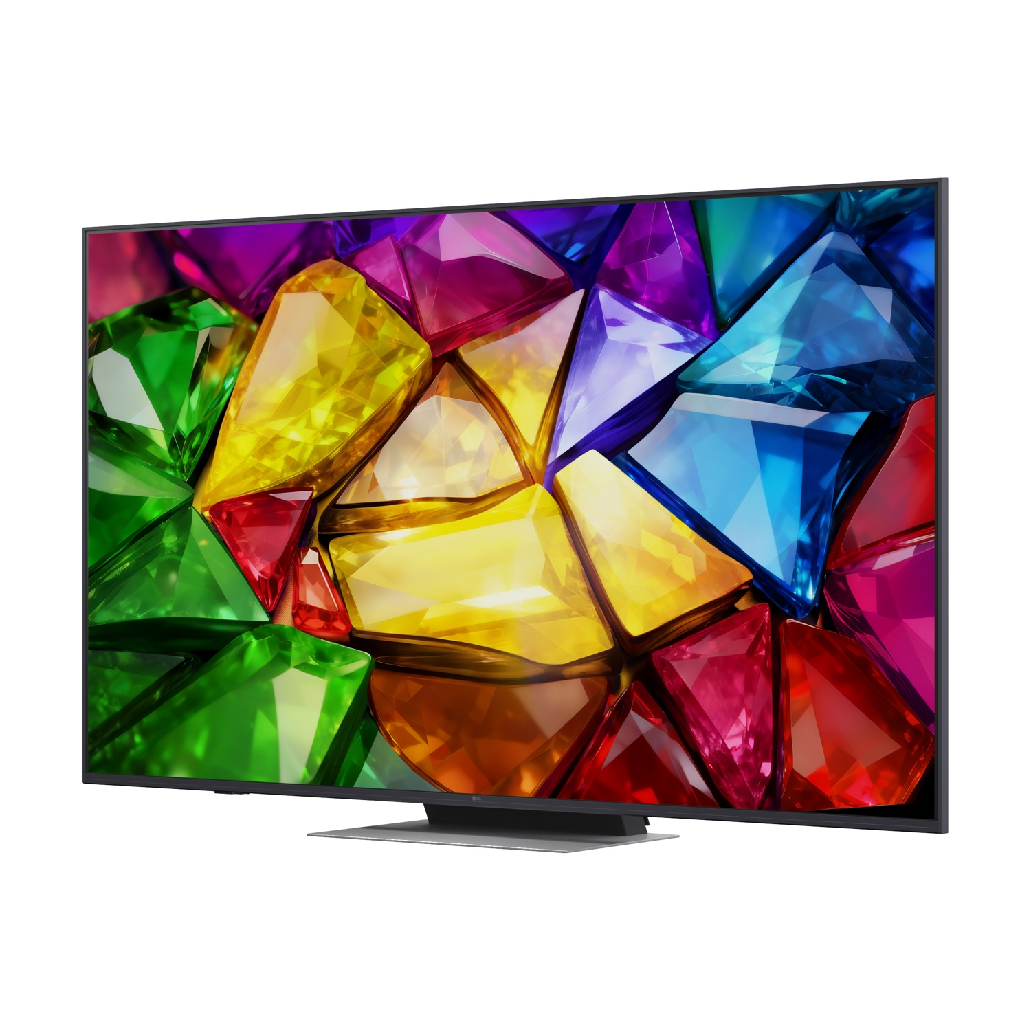 Un televisore moderno mostra un motivo di gemme colorate sul suo schermo.