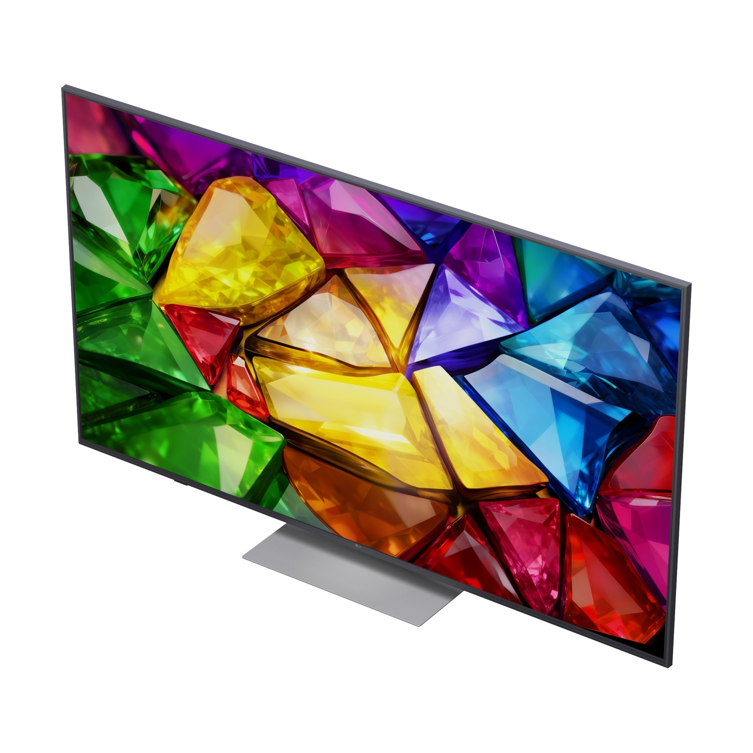 Televisore moderno con gemme colorate e supporto argentato.