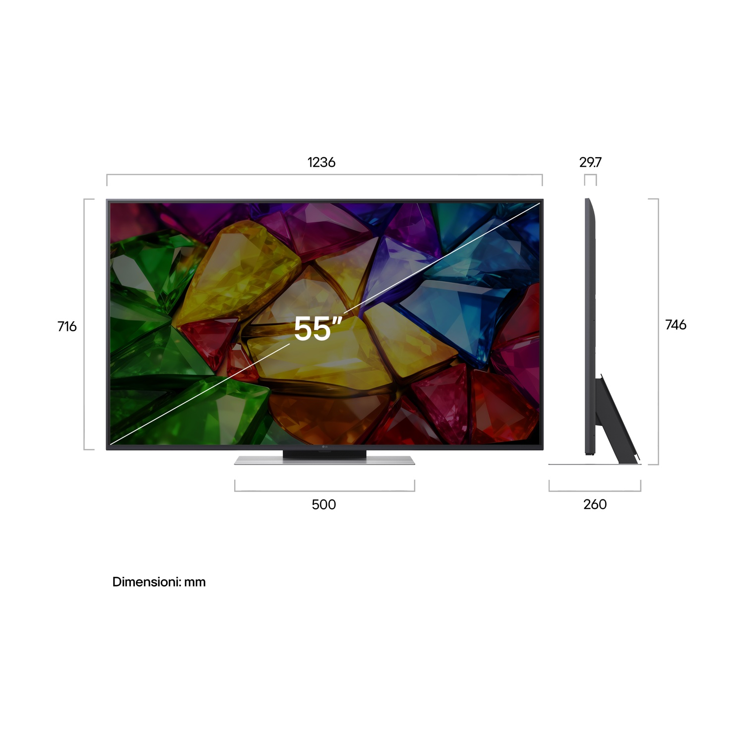 Una TV a schermo piatto da 55 pollici con uno sfondo colorato di gemme e dimensioni.