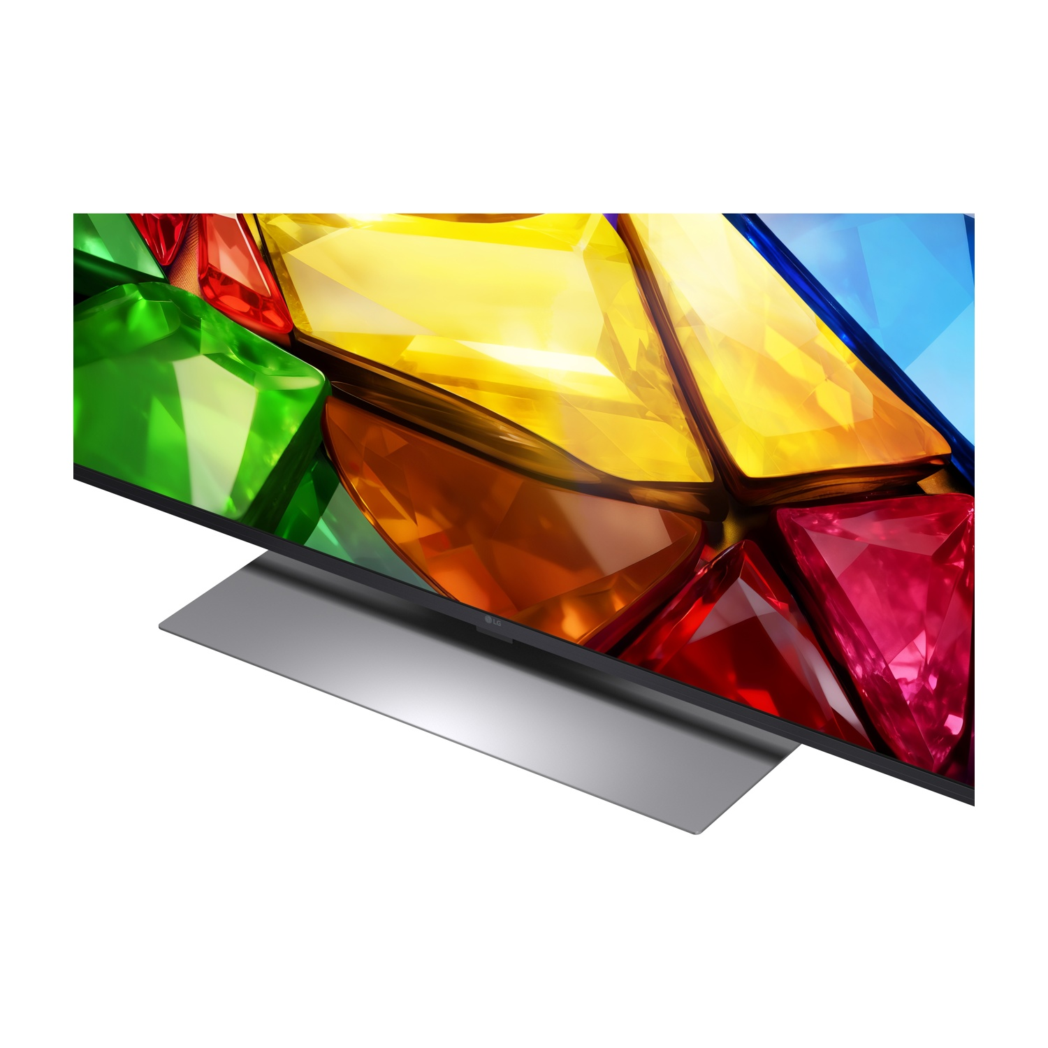 Una TV moderna con un'immagine astratta e colorata e un piedistallo argentato.