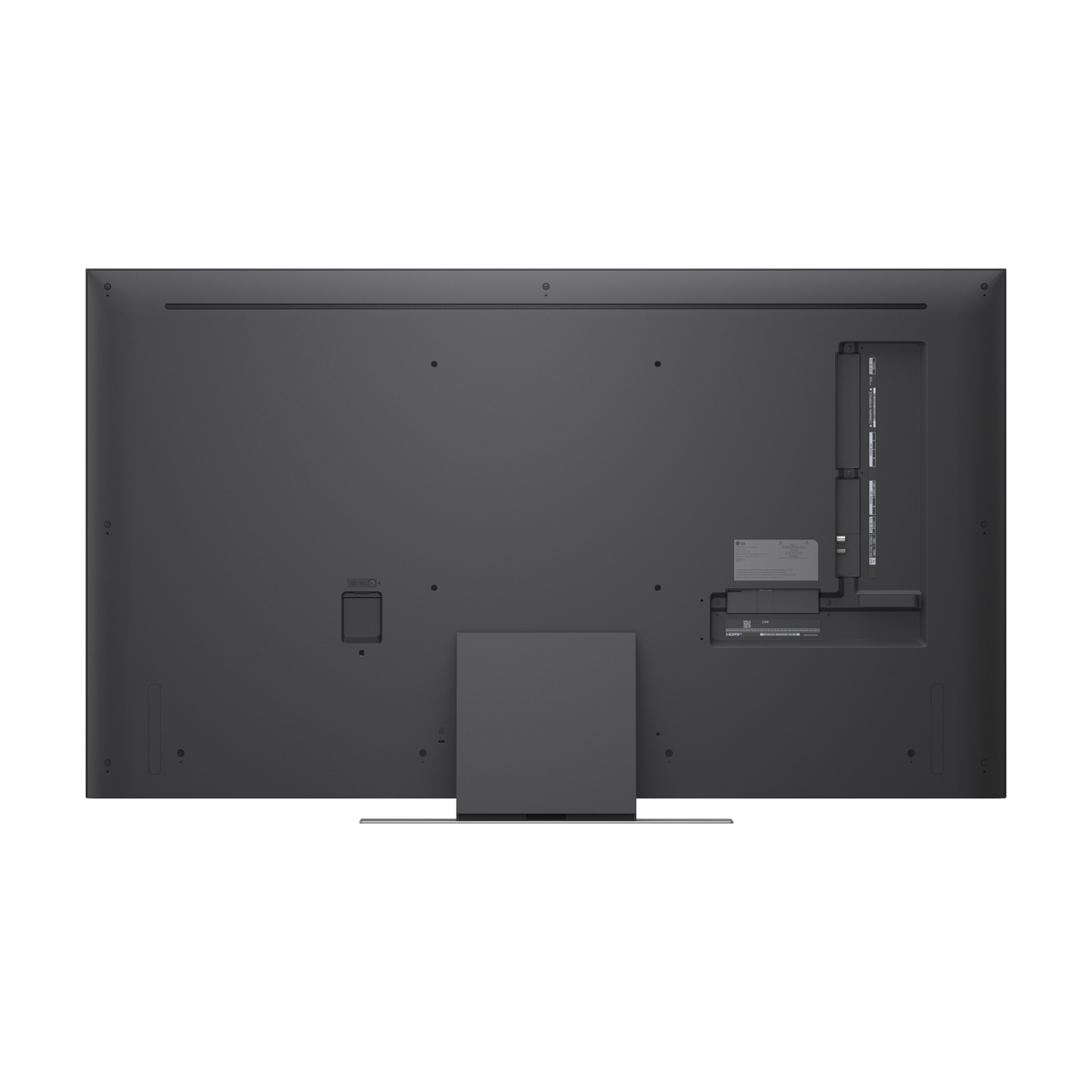 Retro di una TV nera con porte e supporto.