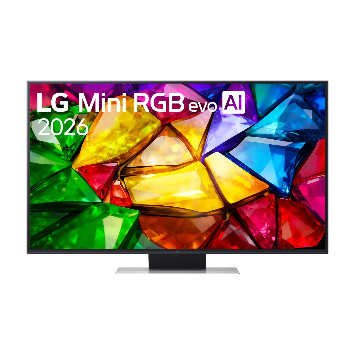 Lo schermo TV LG Mini RGB evo AI 2026 mostra forme astratte colorate simili a gemme.