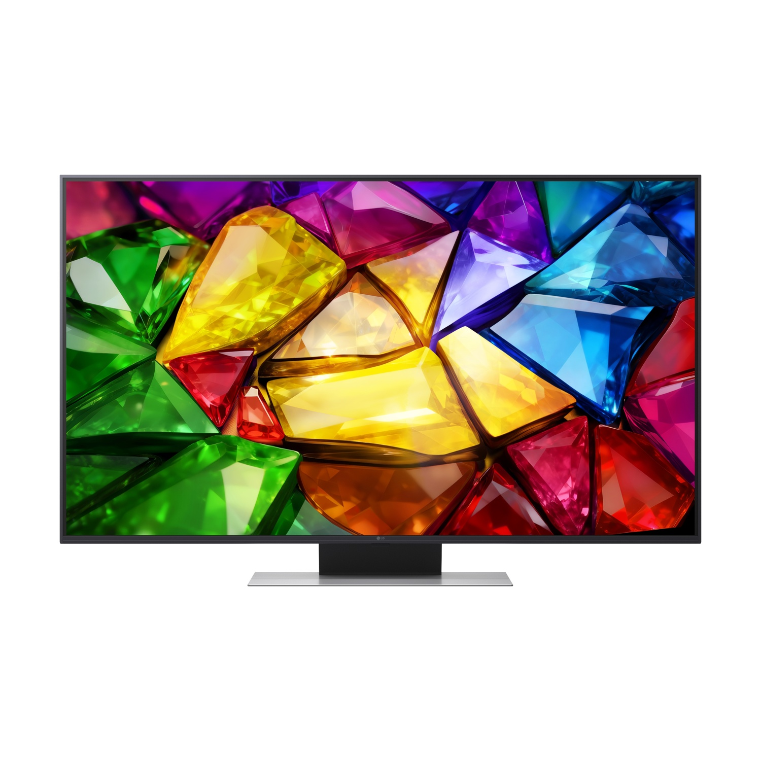Una TV moderna a schermo piatto mostra uno sfondo di gemme colorate.