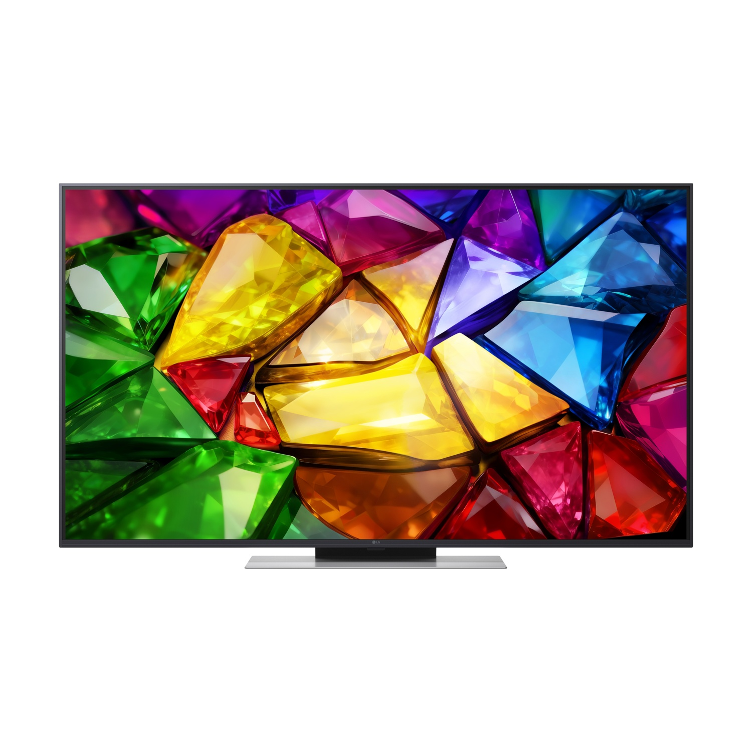 Una TV moderna visualizza un'immagine vibrante di gemme sfaccettate in vari colori.
