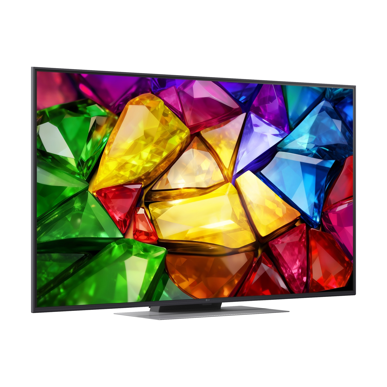 Una moderna TV a schermo piatto con un design colorato di gemme sullo schermo.