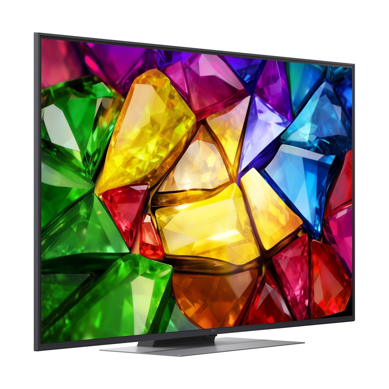 Un televisore moderno con un vibrante motivo di gemme sfaccettate sullo schermo.