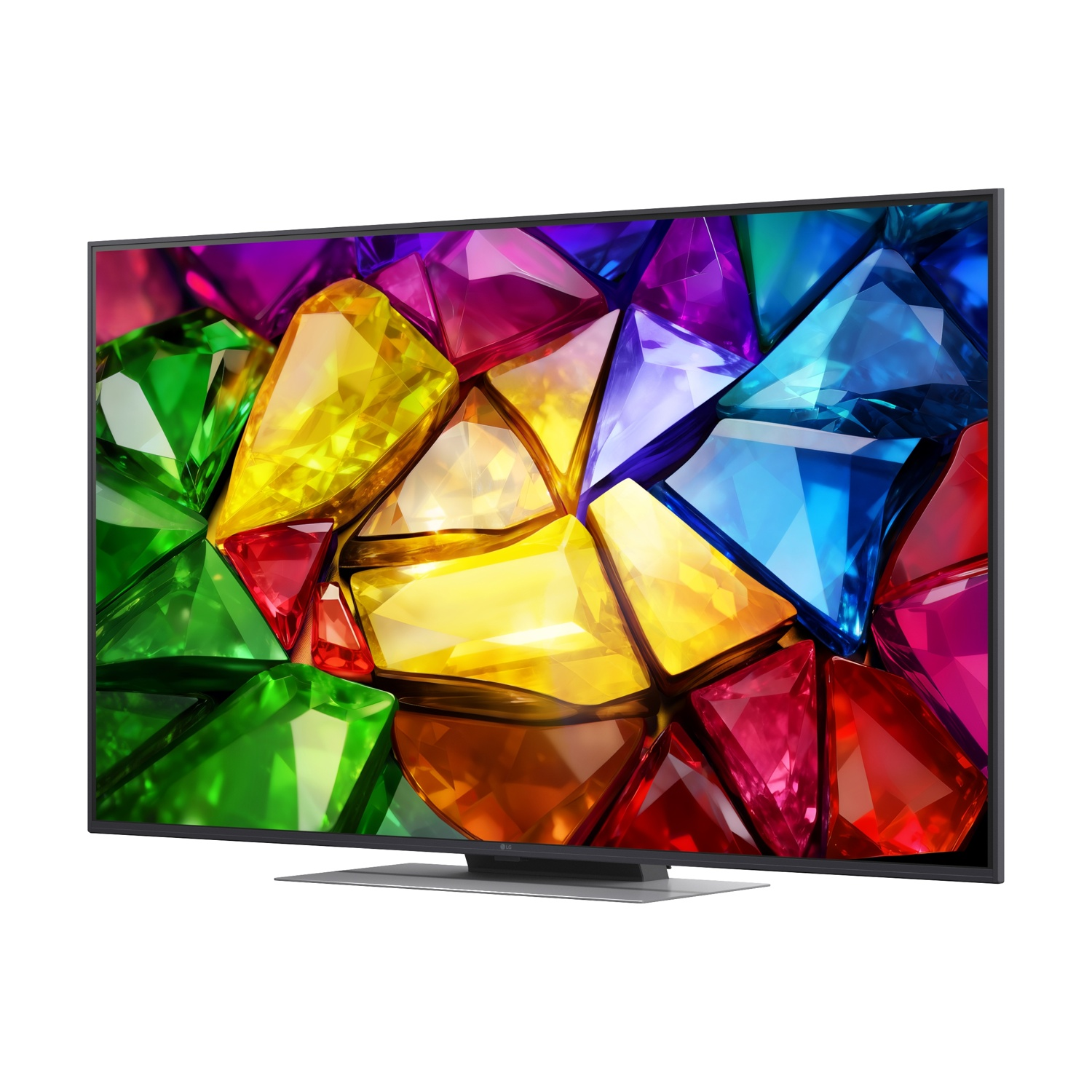 Un televisore moderno che mostra un design colorato di gemme sullo schermo.