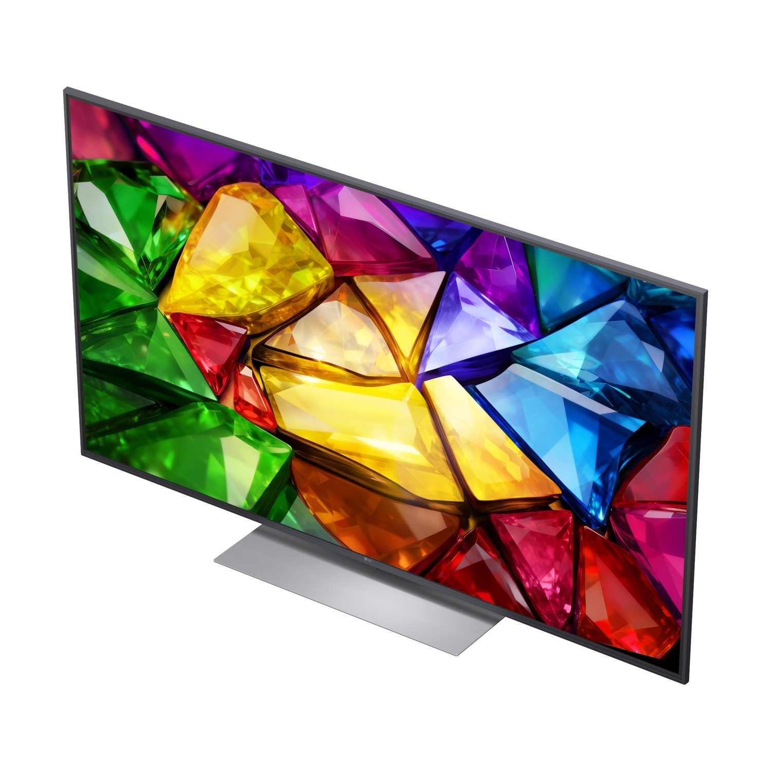 Una TV moderna che visualizza un design colorato di gemme sullo schermo.