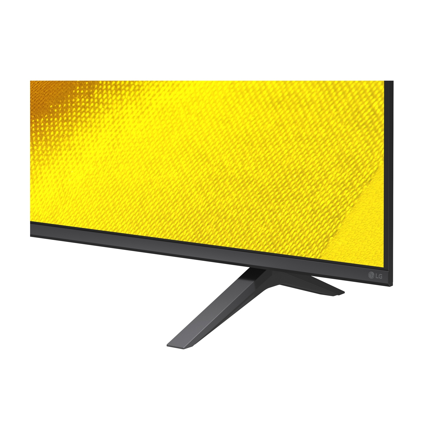 Un televisore con supporto scuro e schermo testurizzato giallo. Logo LG visibile.