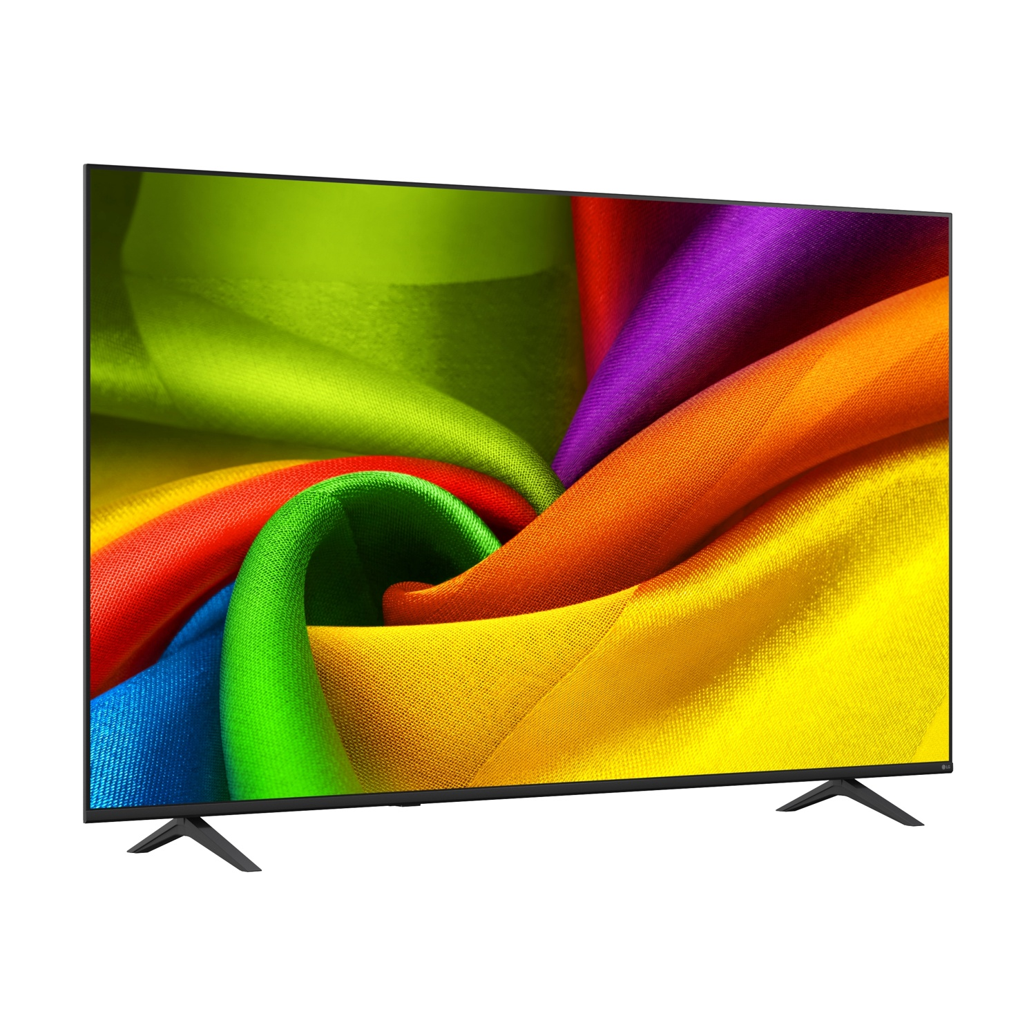 Una TV moderna a schermo piatto che mostra un vorticoso motivo di tessuto colorato.