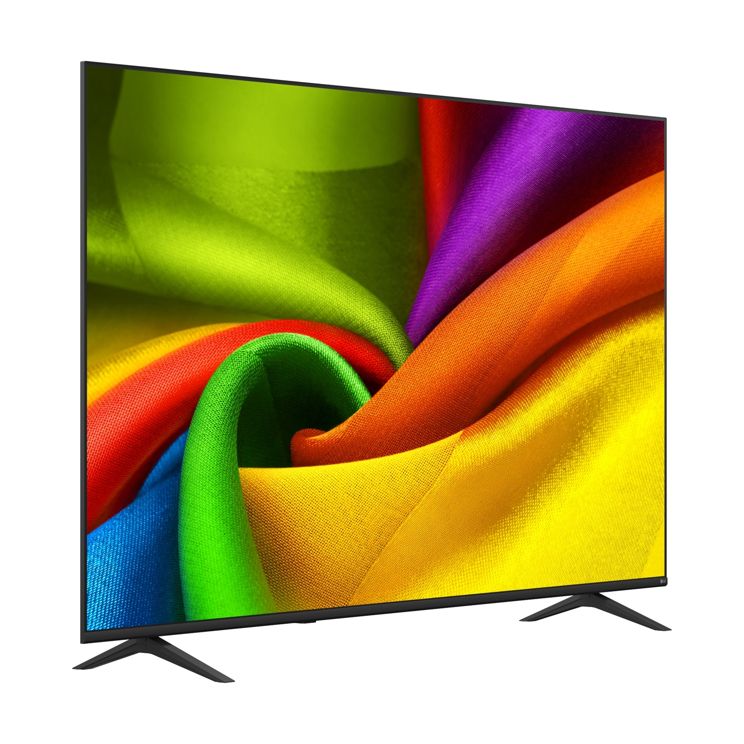 Una TV moderna a schermo piatto con un motivo di tessuto colorato e vorticoso sullo schermo.