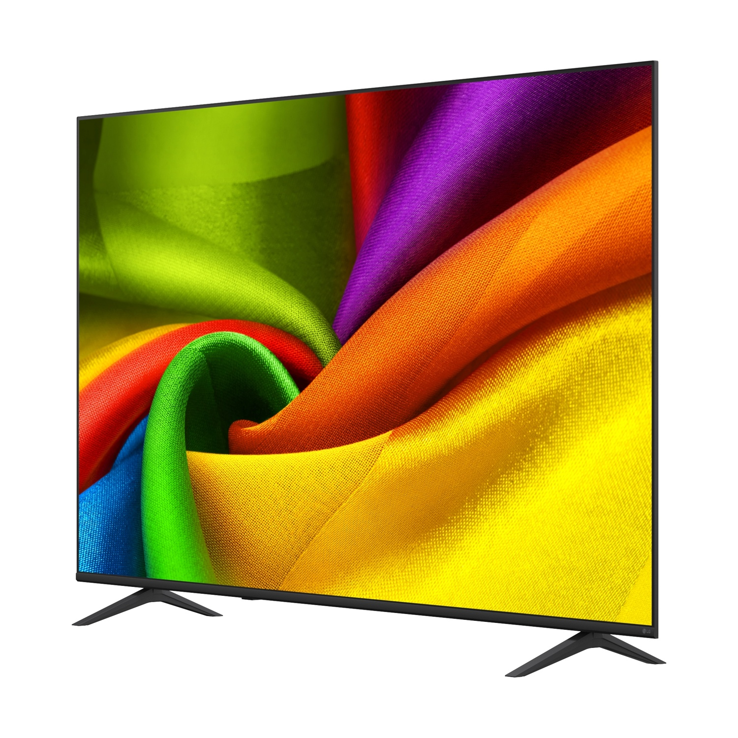 Una TV moderna a schermo piatto mostra un vortice vibrante di tessuto colorato: rosso, arancione, giallo, verde, blu, viola.