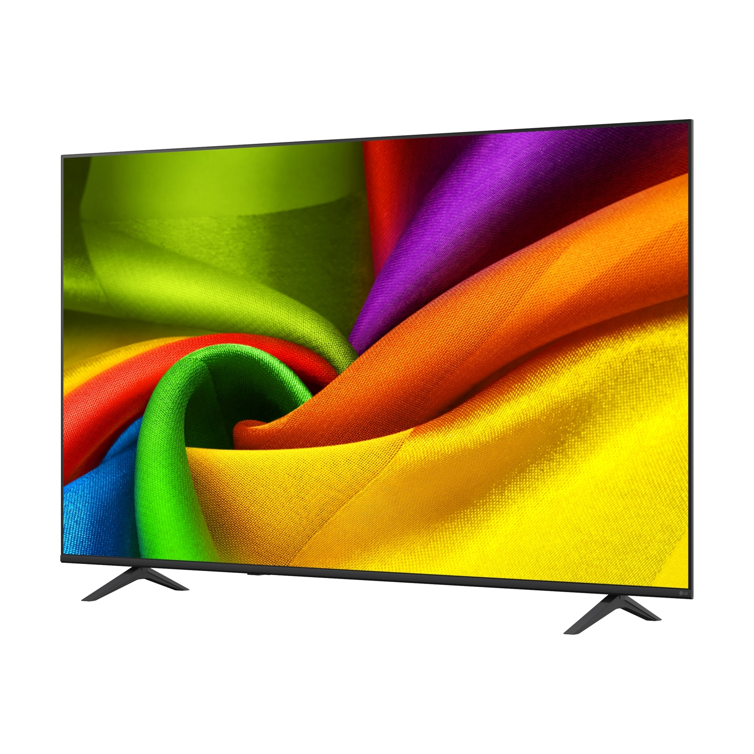 Una TV moderna a schermo piatto mostra un vibrante vortice di stoffa colorata.