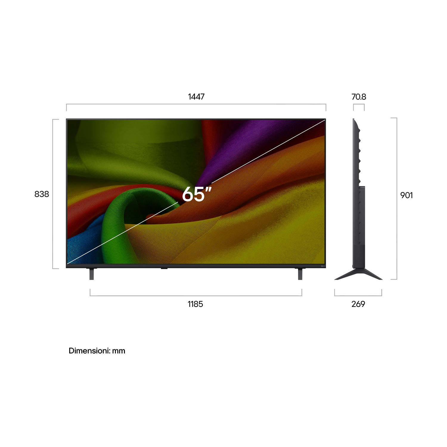 TV da 65 pollici con tessuto colorato e dimensioni in mm.