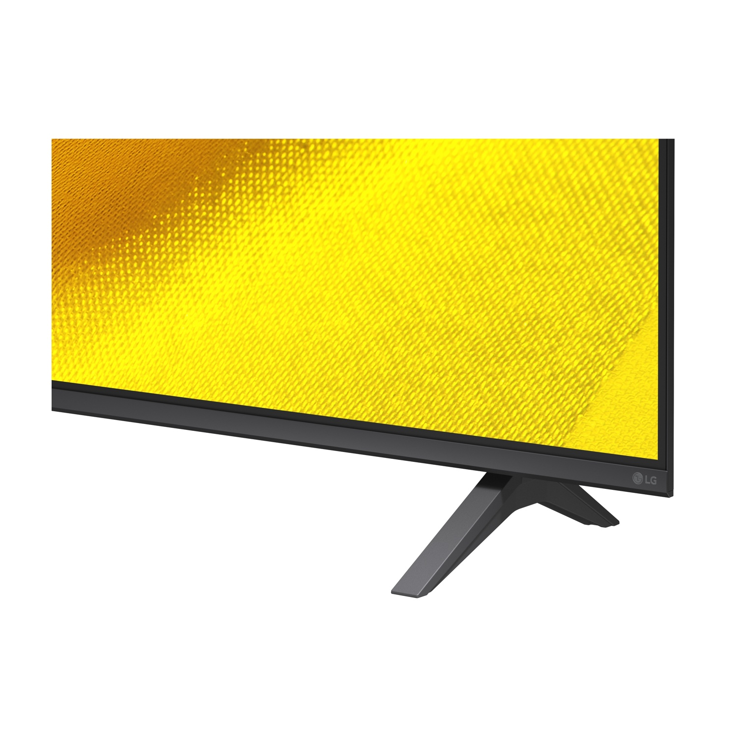 Primo piano di schermo TV con motivo testurizzato giallo e supporto grigio.