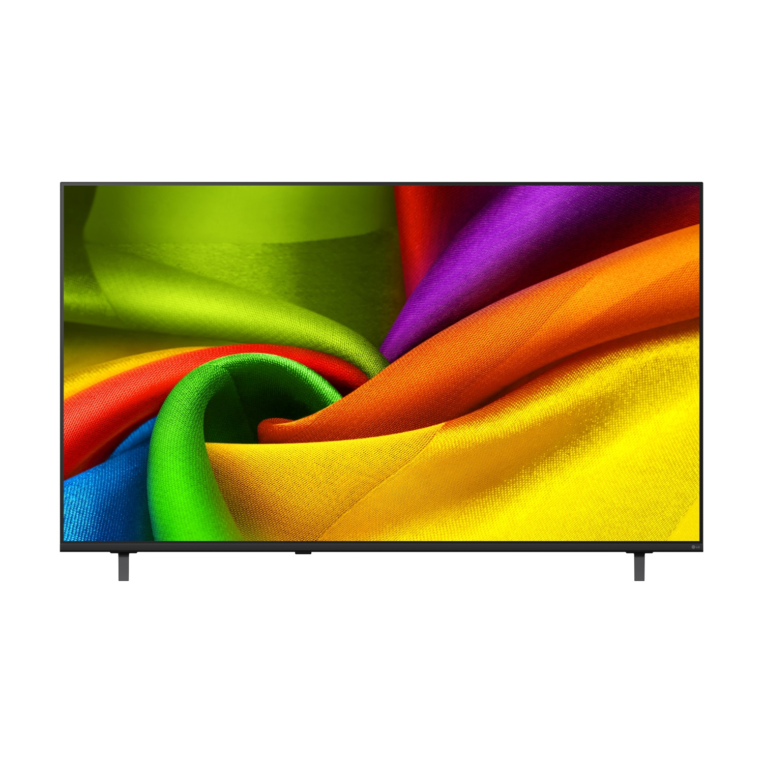 Una TV a schermo piatto mostra un vibrante vortice di tessuto di seta colorato: verde, rosso, blu, arancione, viola, giallo.