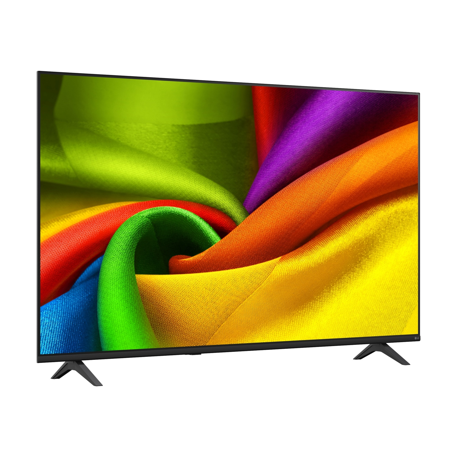 Un moderno televisore nero che visualizza un motivo vorticoso colorato sullo schermo.