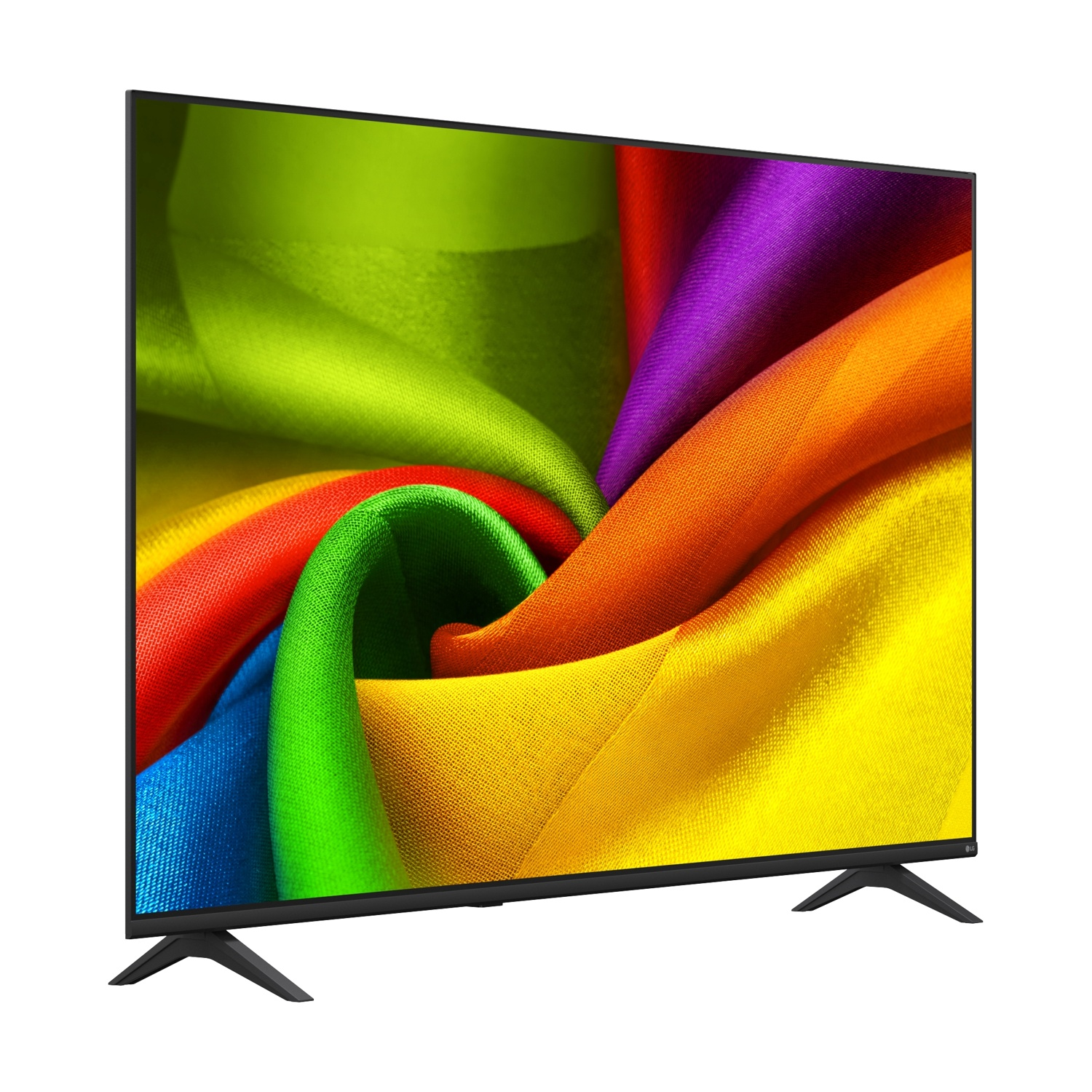 Una moderna TV nera che mostra un motivo di tessuto colorato e vorticoso sul suo schermo.