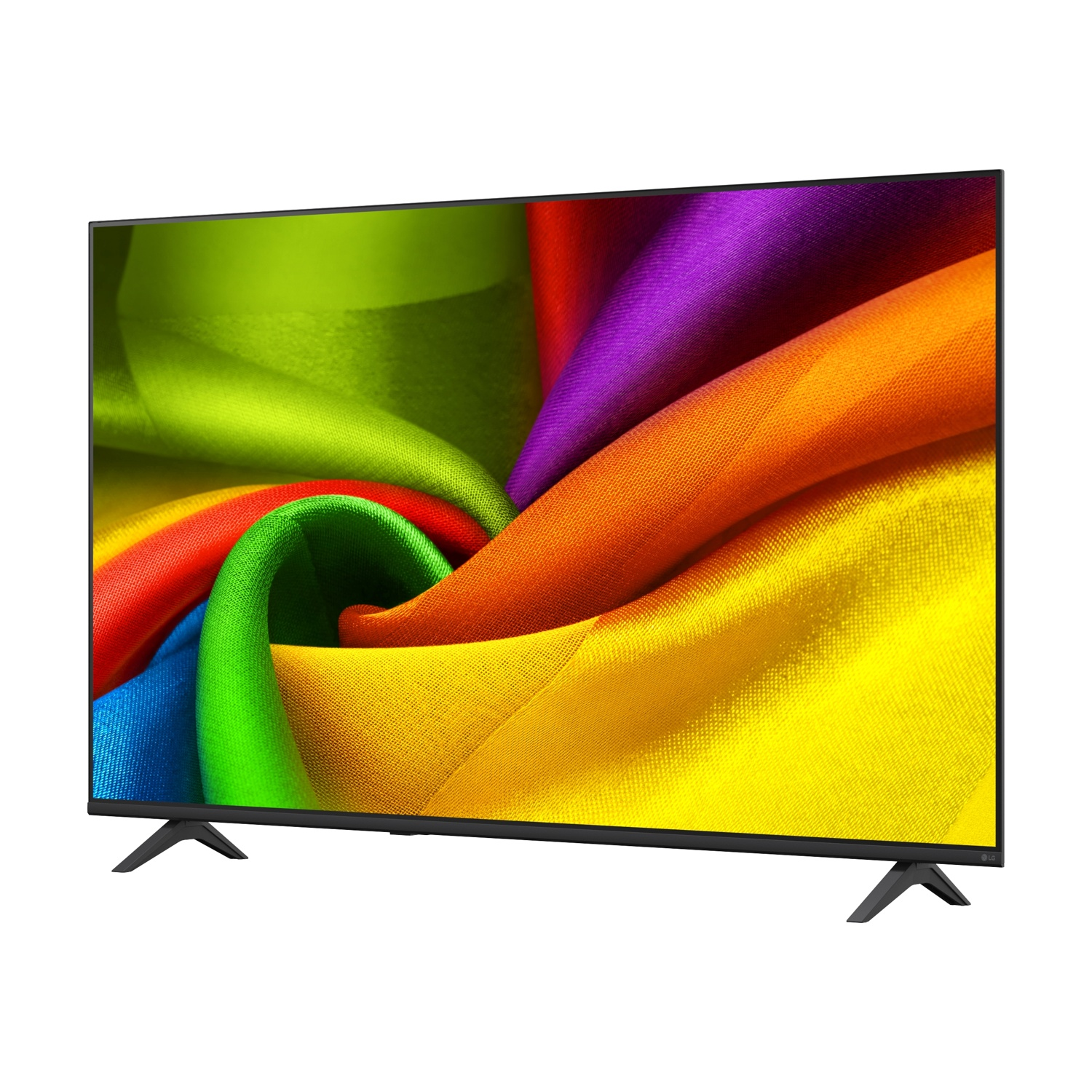 Una TV moderna con un motivo di tessuto colorato e vorticoso sullo schermo.