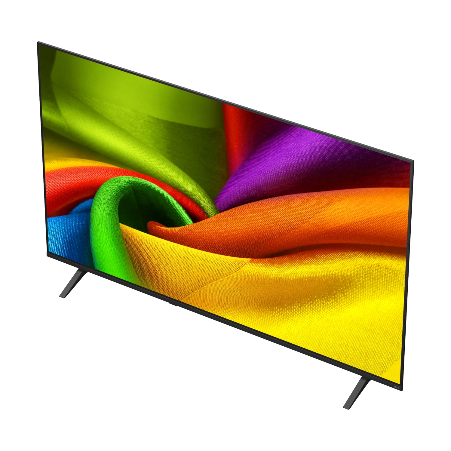 Televisore moderno con vivace motivo in tessuto arcobaleno vorticoso sullo schermo.