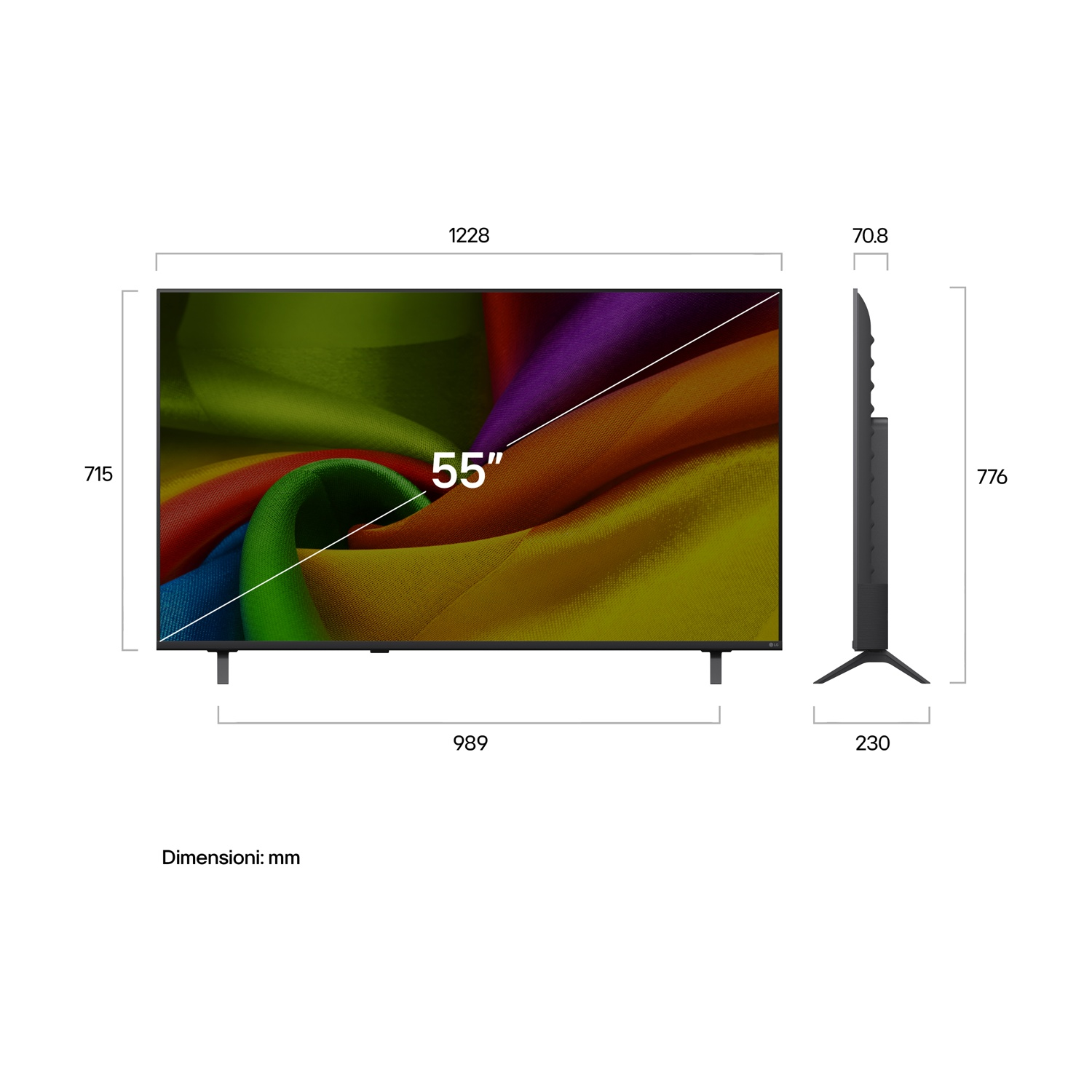 TV da 55 pollici con motivo arcobaleno sullo schermo, dimensioni indicate.