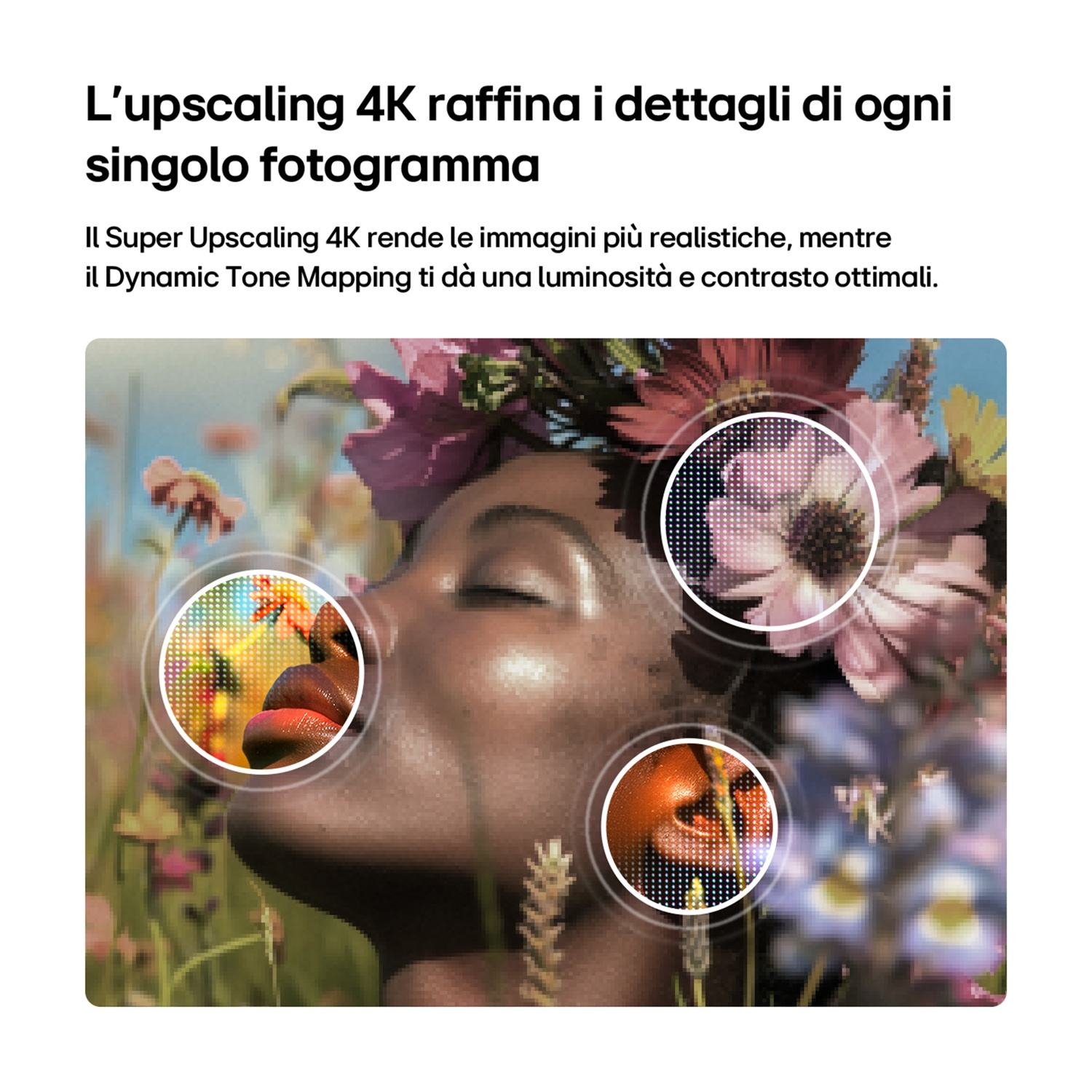 Donna con fiori tra i capelli, primo piano del viso e delle labbra, con dettagli pixel.