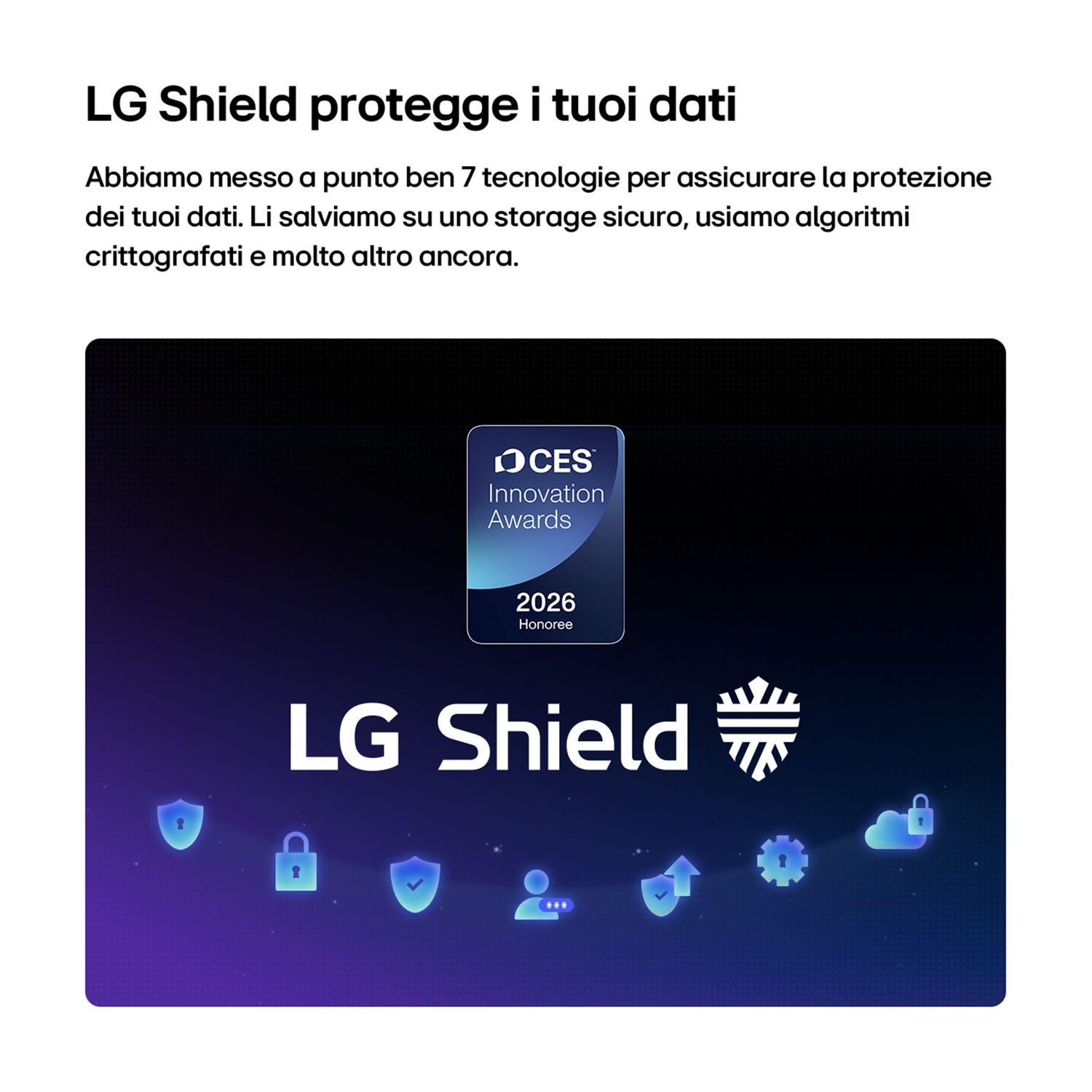 Logo LG Shield con icone di sicurezza e CES Innovation Award 2026.