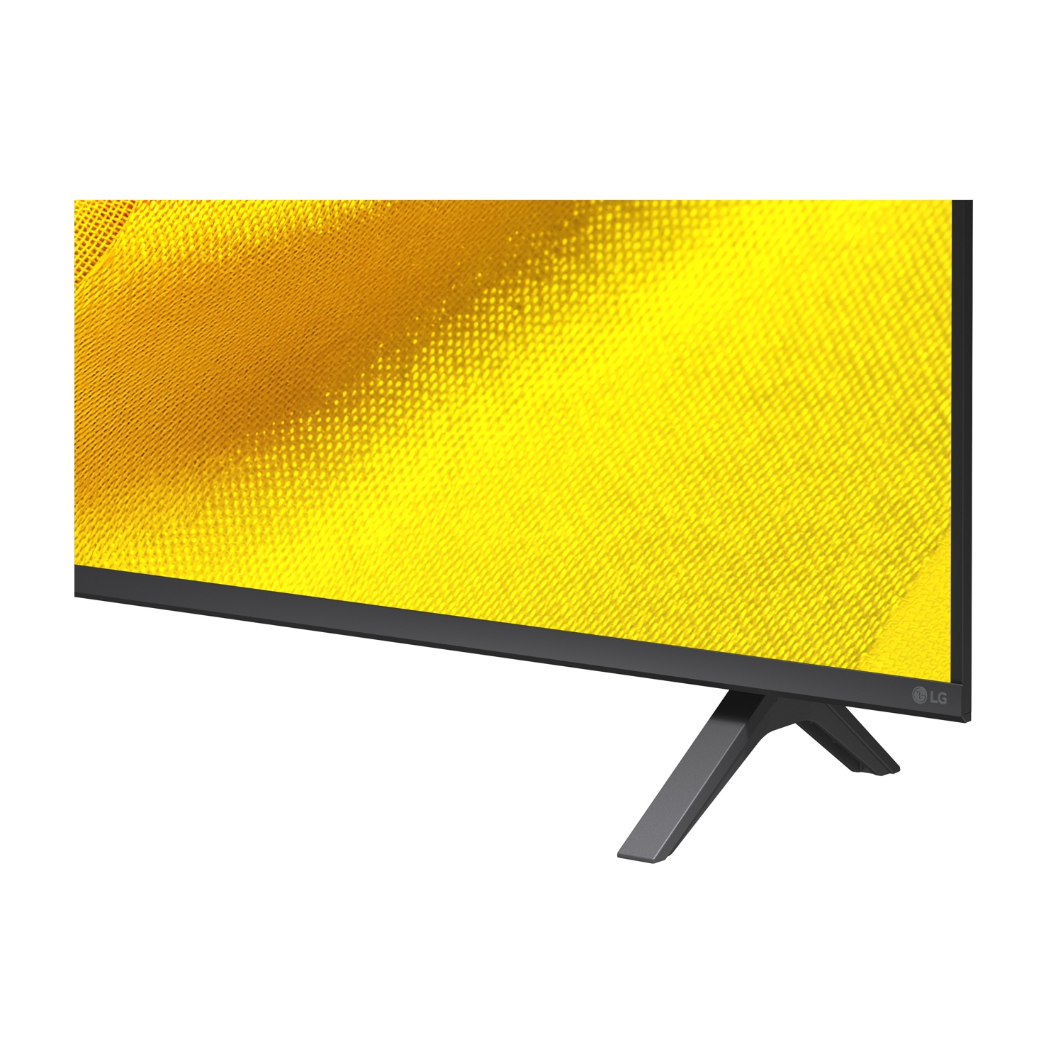 Un supporto TV grigio si trova sotto uno schermo giallo testurizzato.
