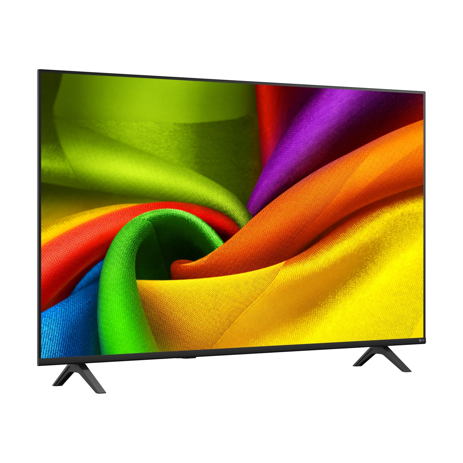 Una TV moderna con un motivo di tessuto colorato sullo schermo, su sfondo bianco con piedini neri.