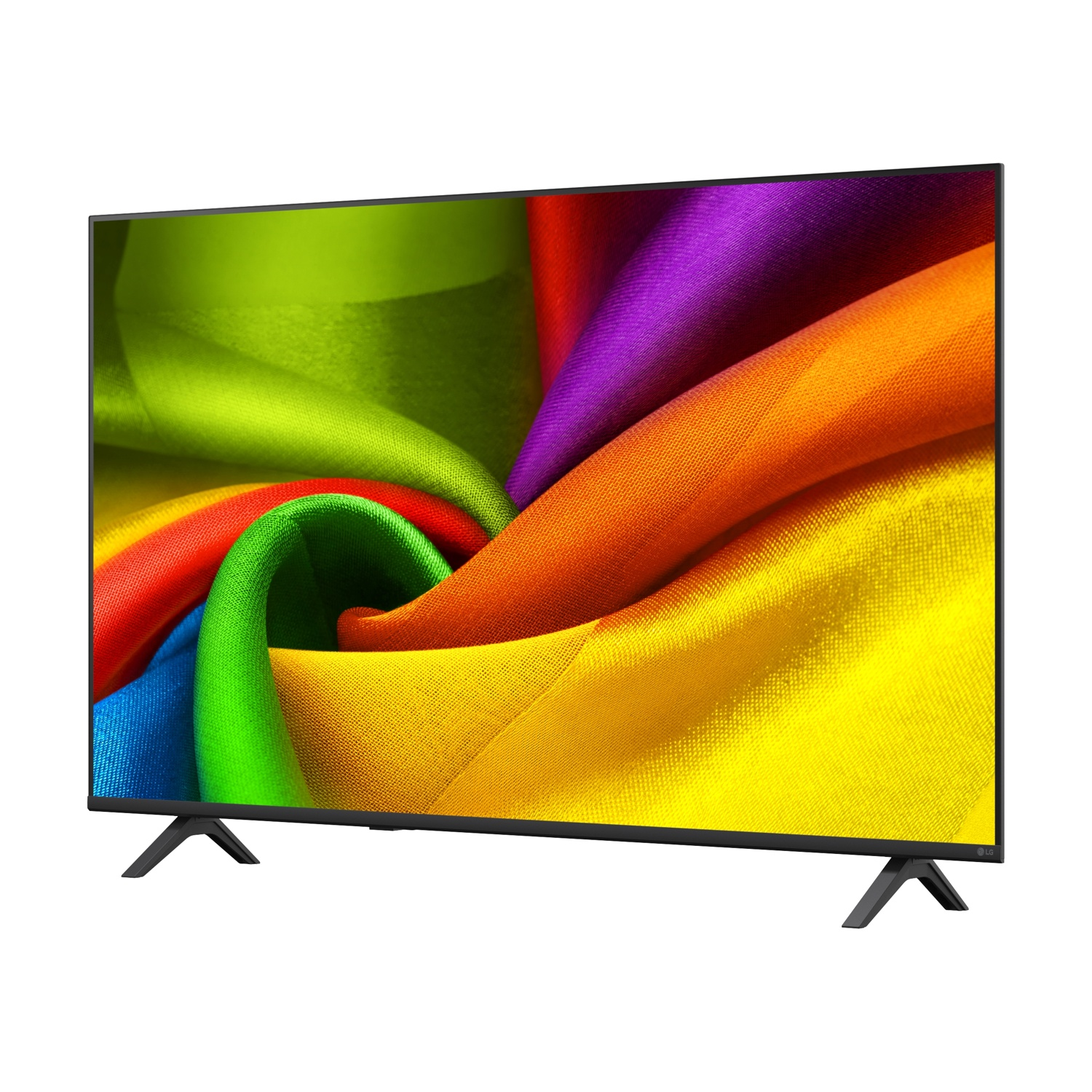 Un moderno televisore nero che visualizza un motivo di tessuto colorato sullo schermo.