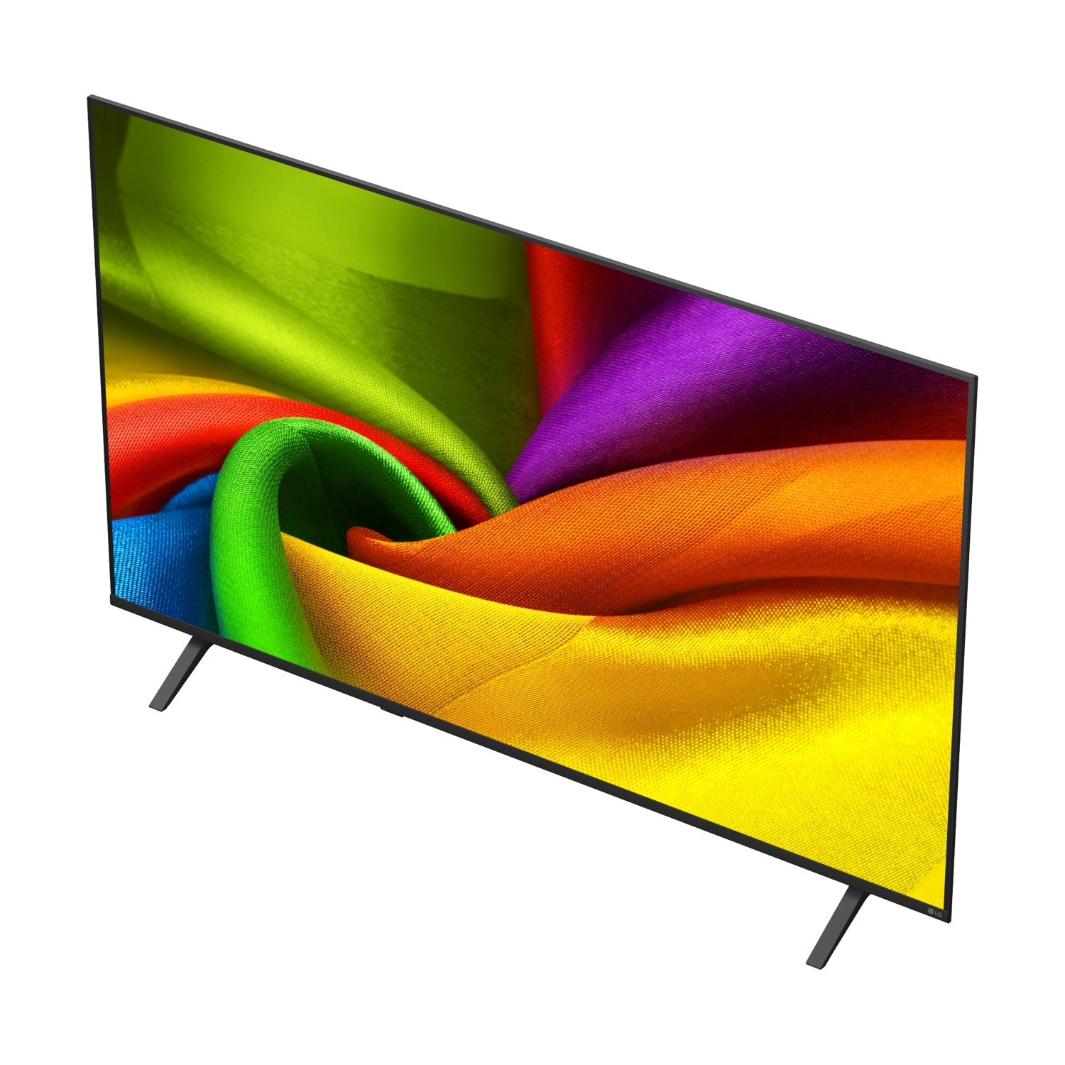 Una TV moderna con un motivo di tessuto colorato sullo schermo.