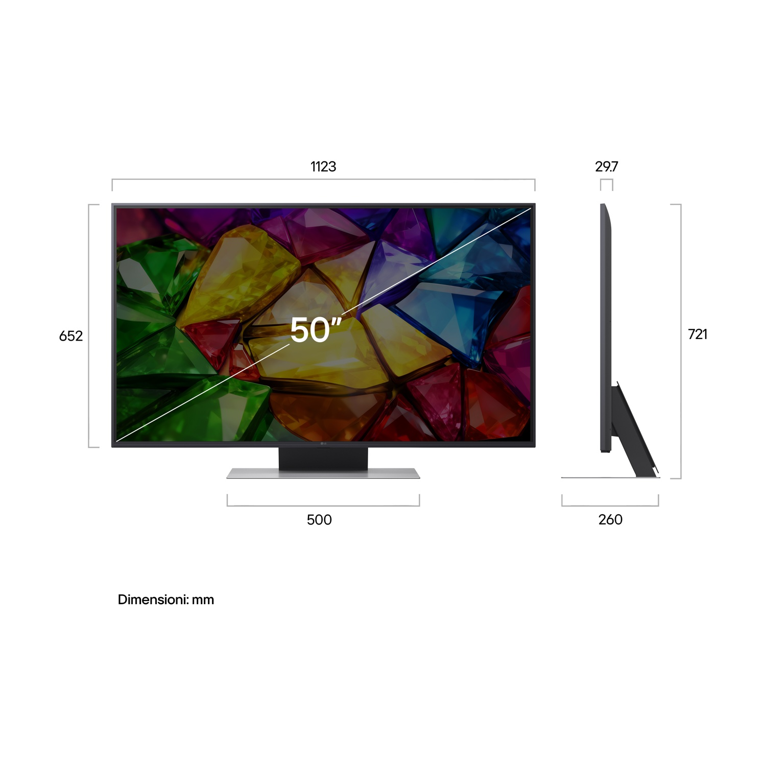 TV da 50 pollici con display di arte astratta colorata. Dimensioni in mm.