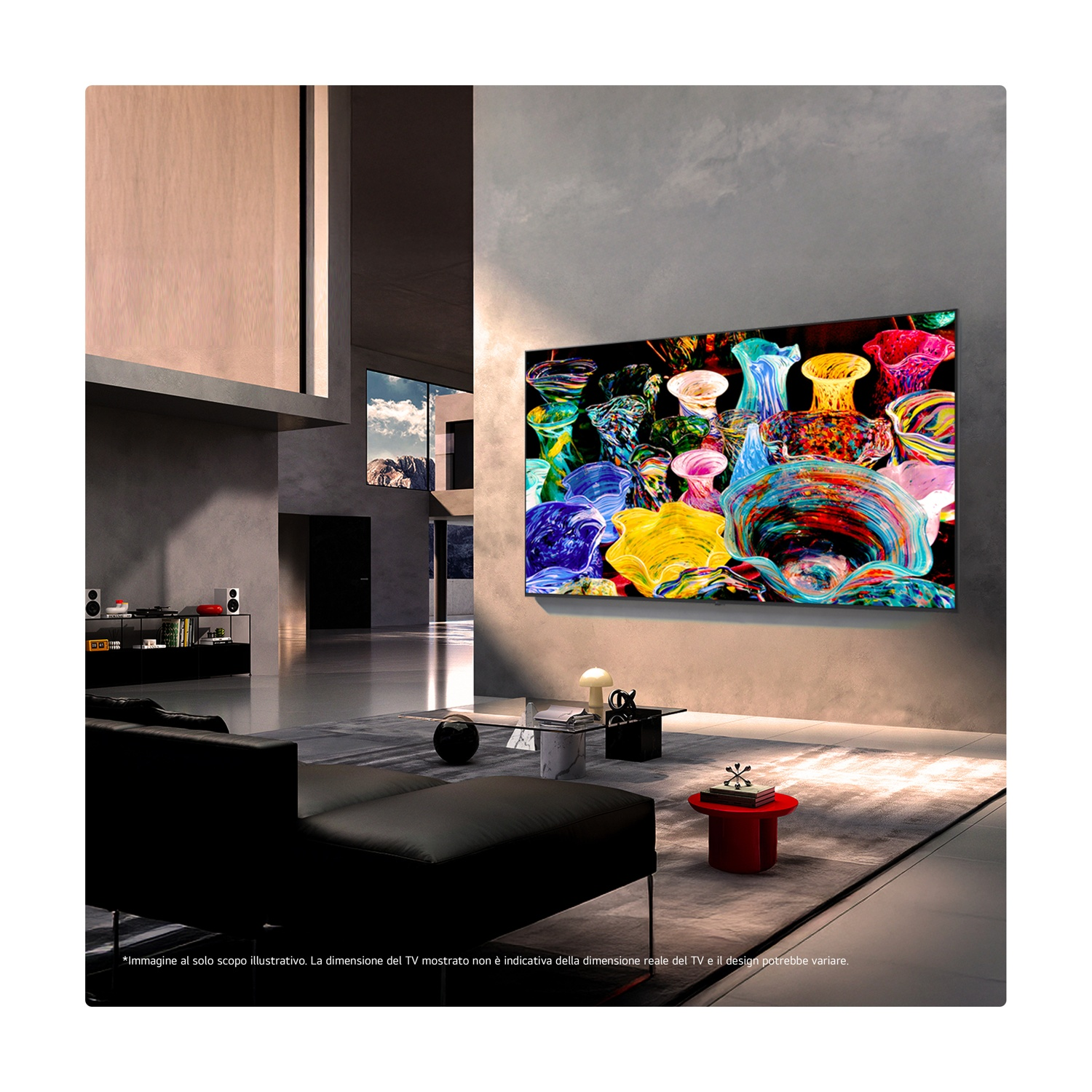 Soggiorno moderno con una grande immagine colorata in TV.