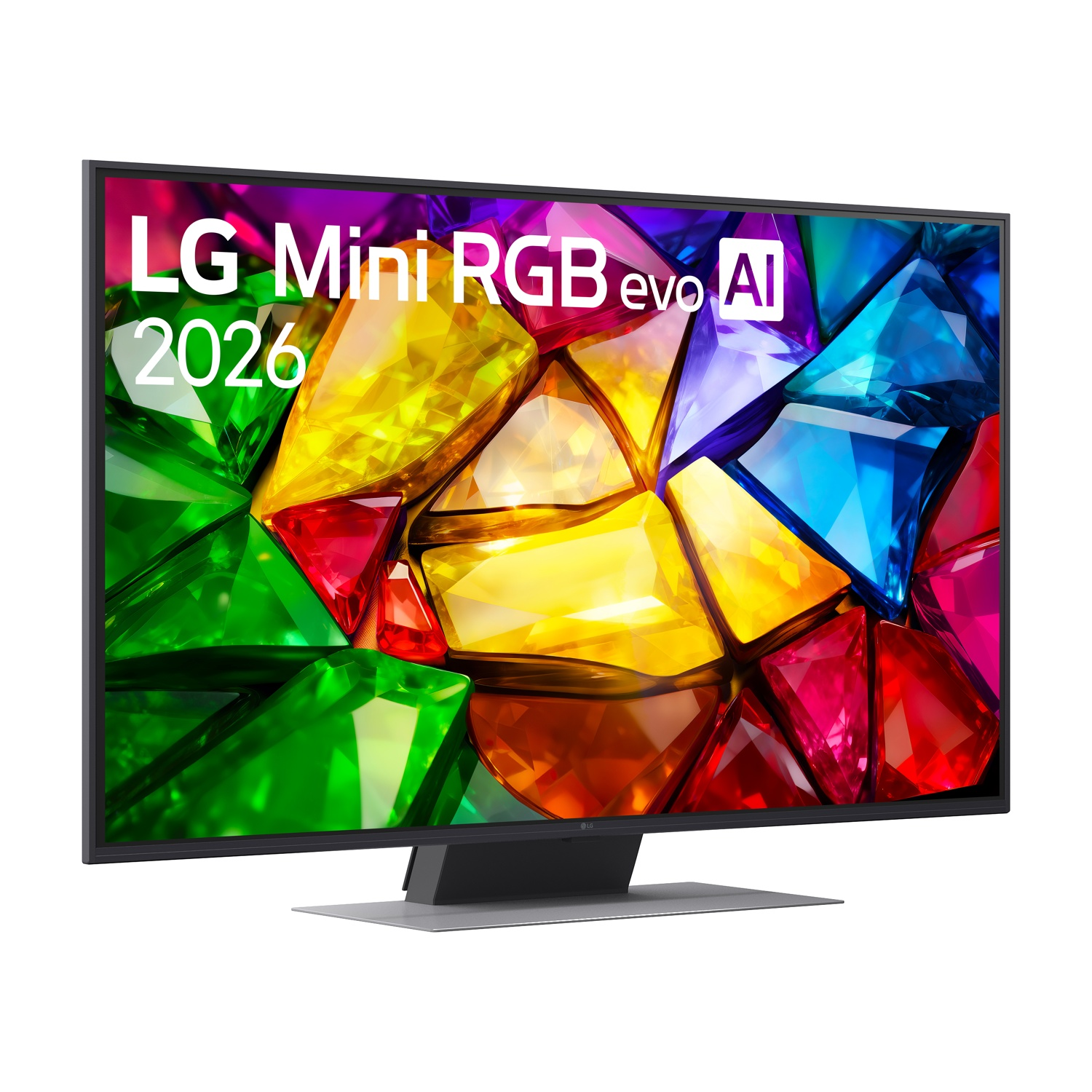 Un TV LG Mini LED con "2026" ed "evo AI" su sfondo colorato.