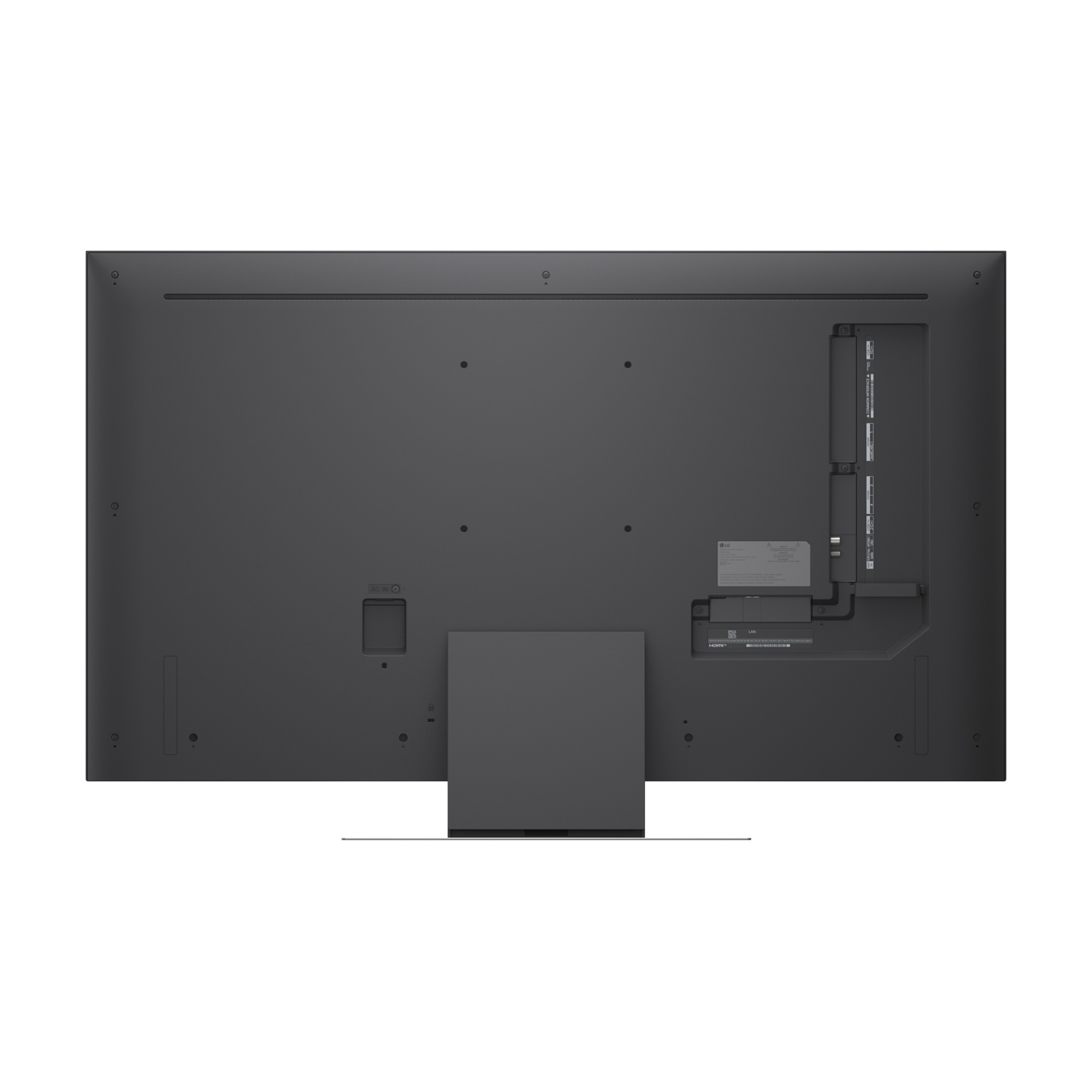 Retro di una TV nera con porte e supporto.